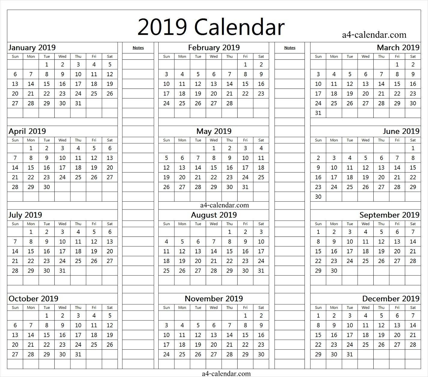 2019 Yearly Calendar With Notes | Yearly Calendar, Blank