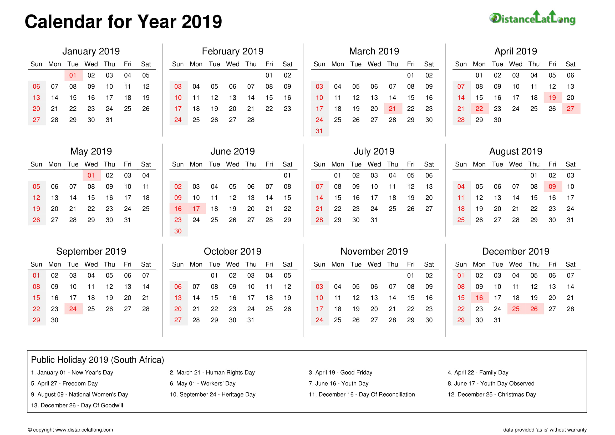 2019 Yearly Holiday Calendar Yearly Landscape Orientation