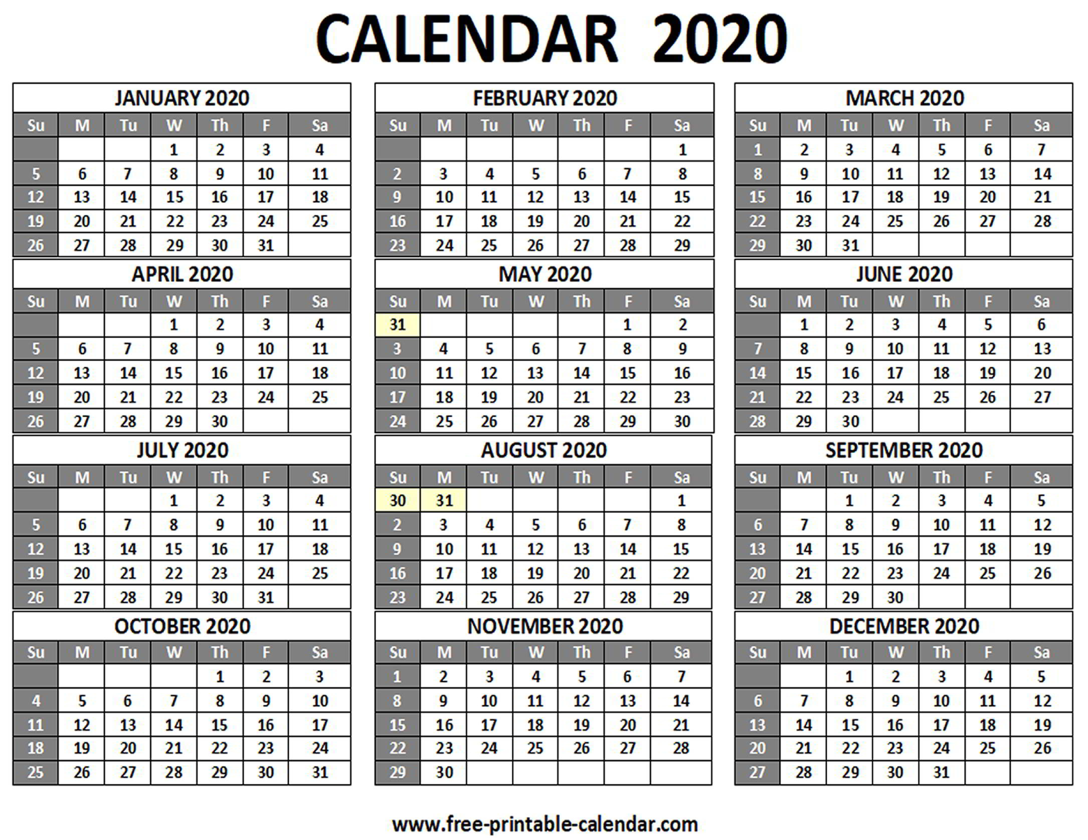 2020 12 Month Calendar On One Page - Wpa.wpart.co