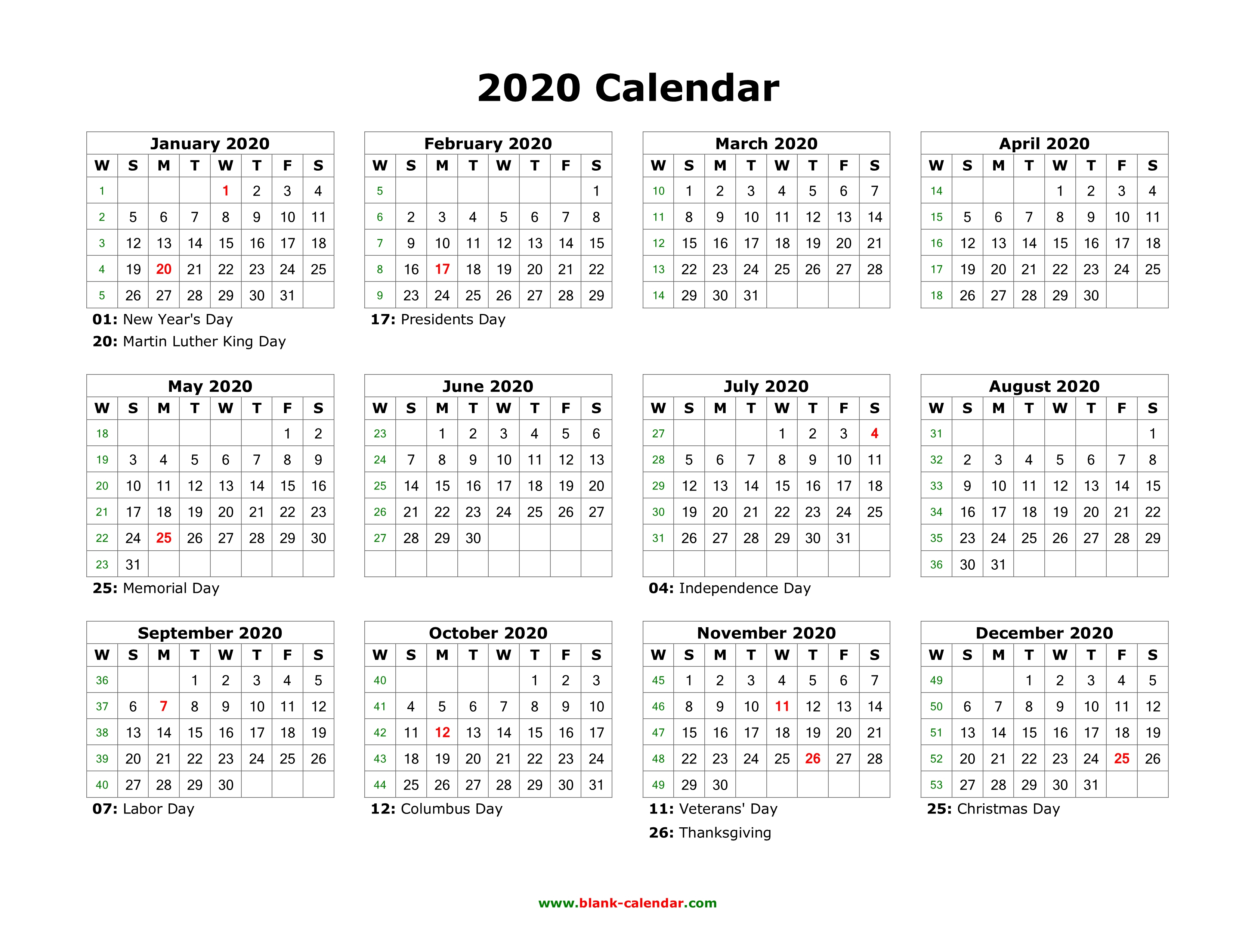 2020 12 Month Calendar On One Page - Wpa.wpart.co