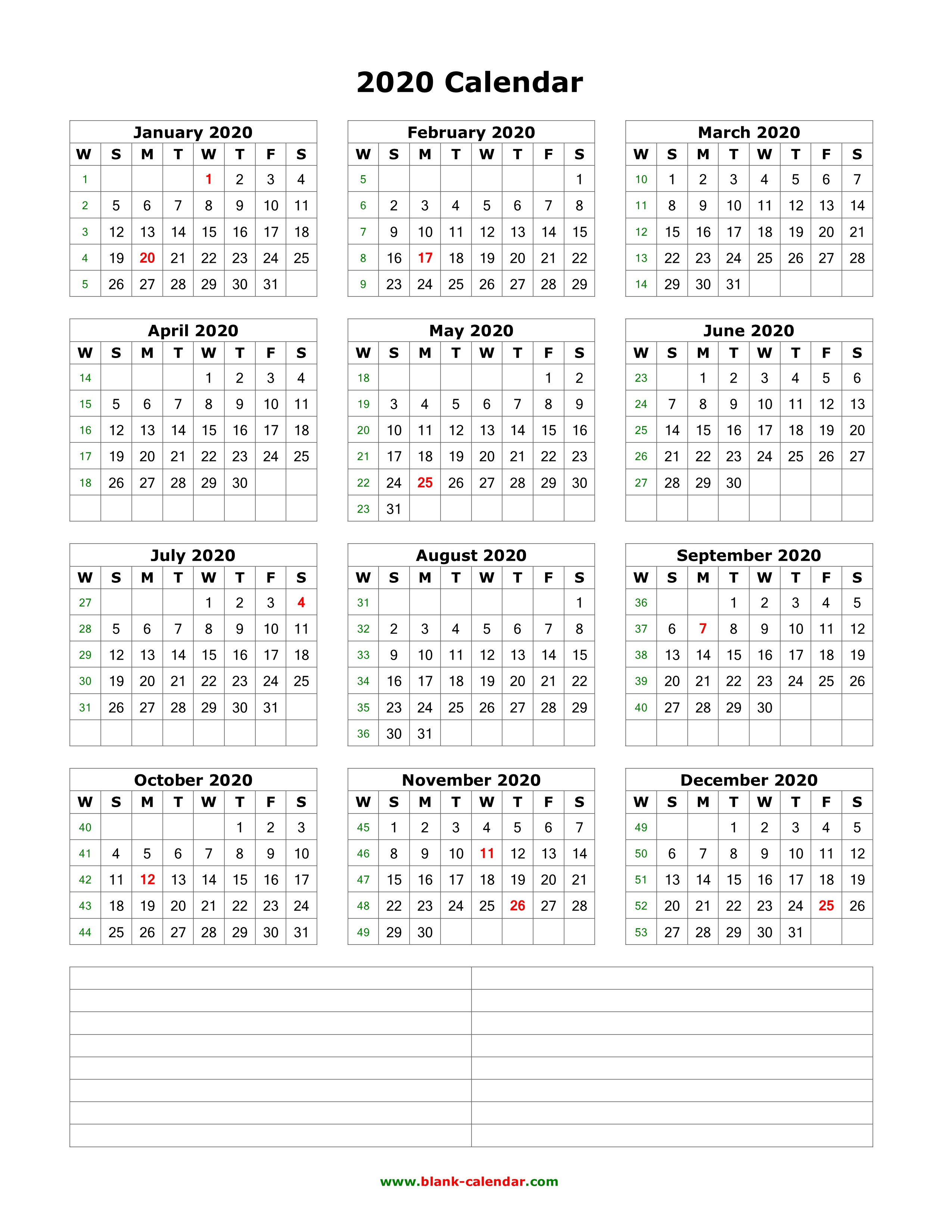 2020 12 Month Calendar On One Page - Wpa.wpart.co