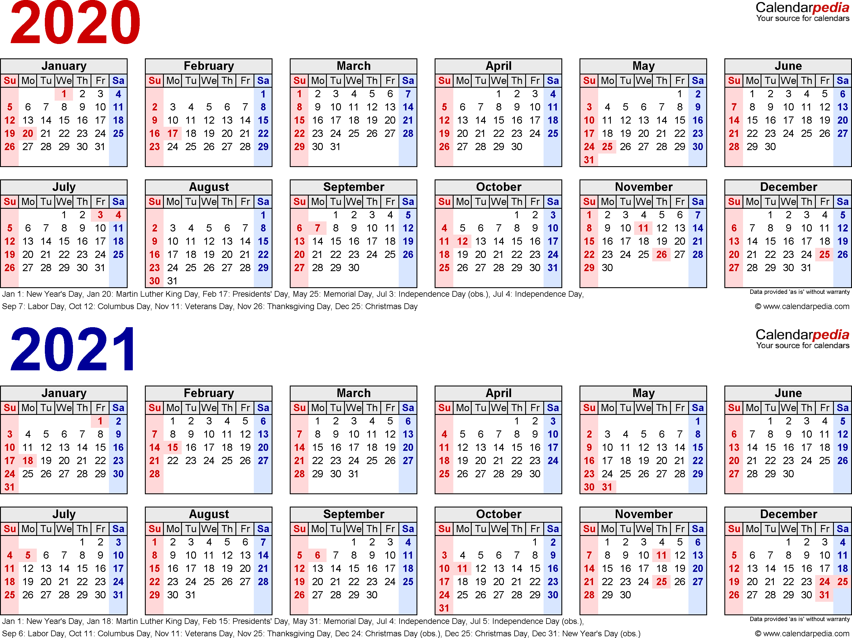 2020-2021 Two Year Calendar - Free Printable Word Templates