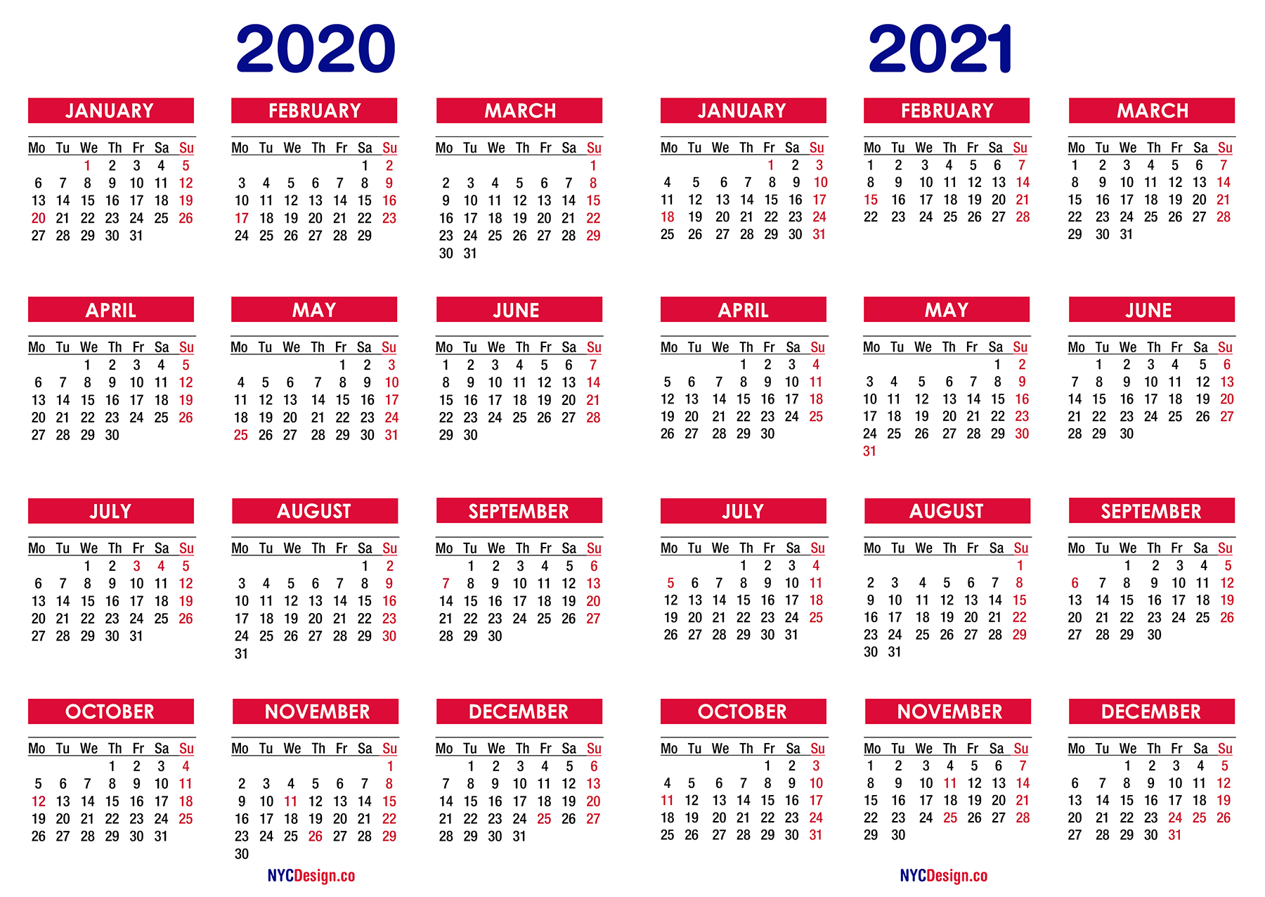 2020 – 2021 Two Year Calendar With Holidays, Printable Free