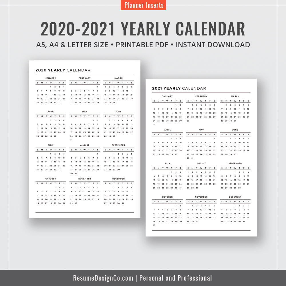2020-2021 Yearly Calendar, Calendar 2020, Calendar 2021, A4, A5, Letter  Size, Filofax A5, Planner Design, Planner Inserts, Planner Printable,  Instant