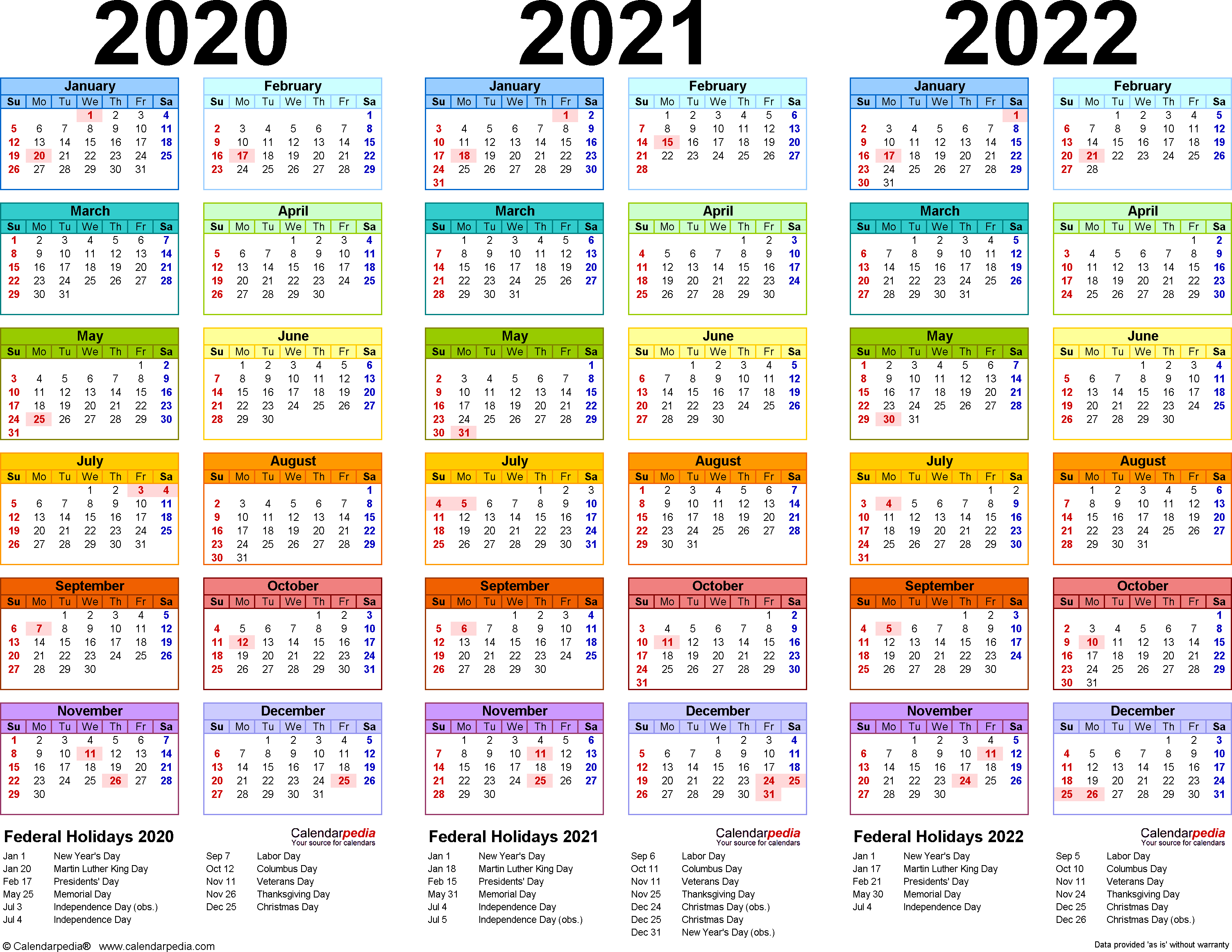 2020-2022 Three Year Calendar - Free Printable Excel Templates