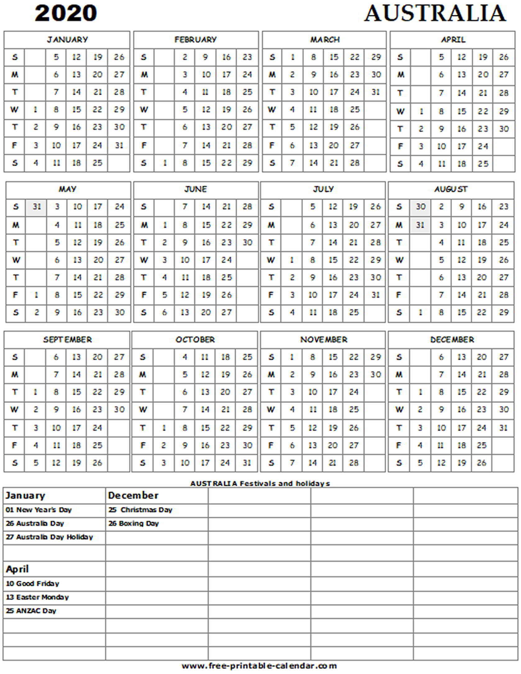 2020 Australia Holiday Calendar - Free-Printable-Calendar