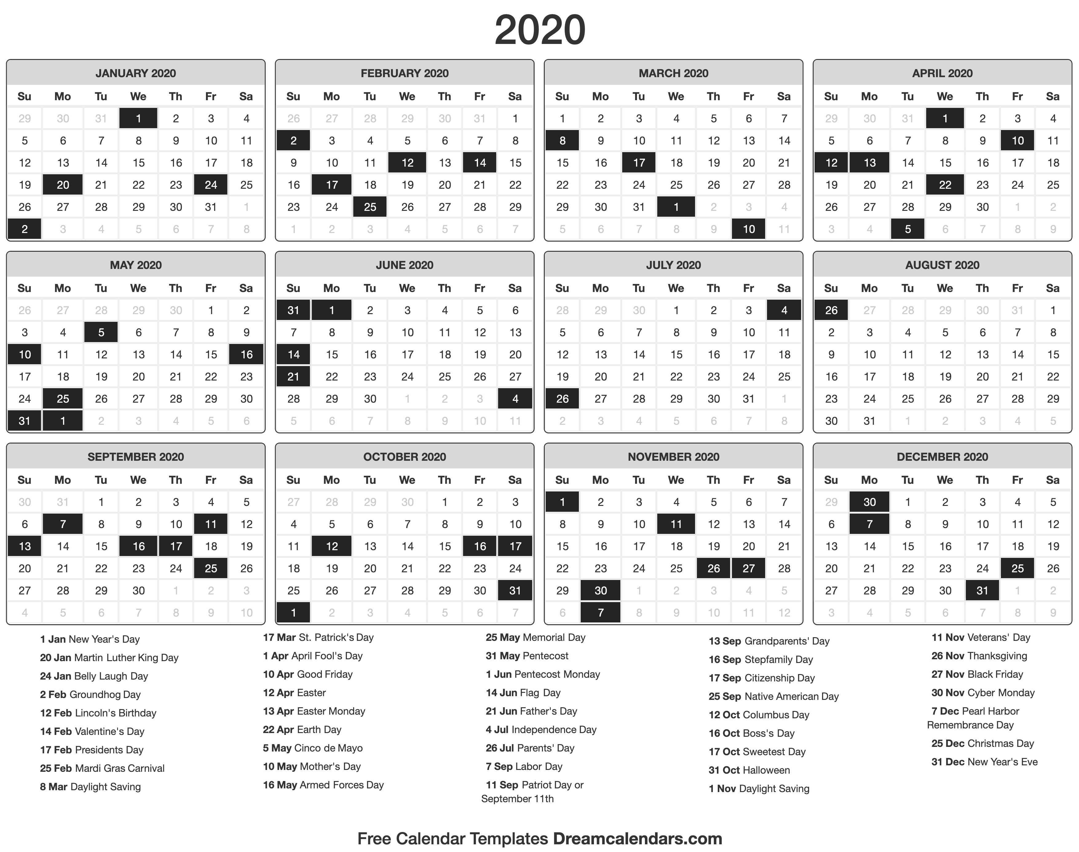 Calendar 2020 Year View