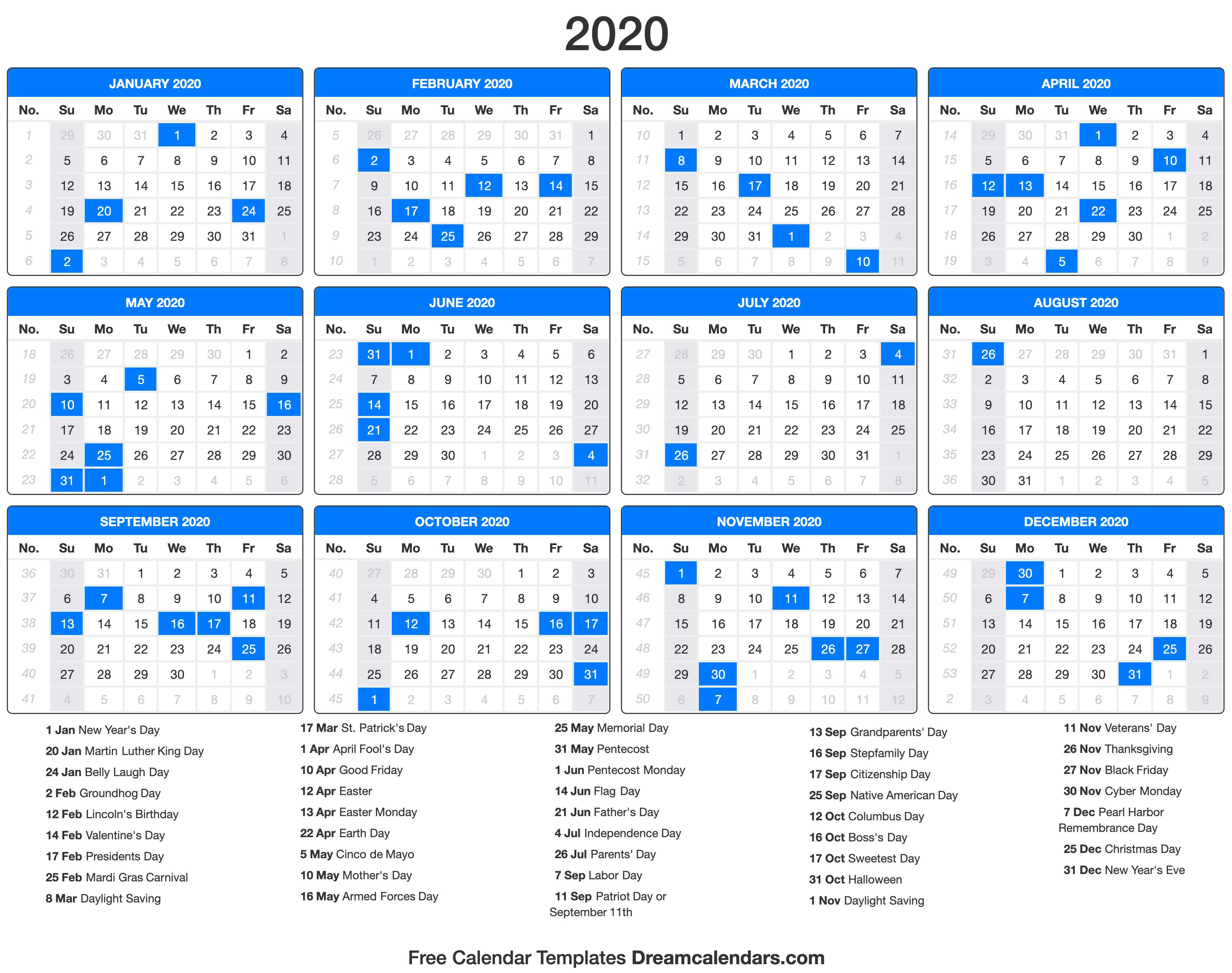 Calendar 2020 Presidents Day