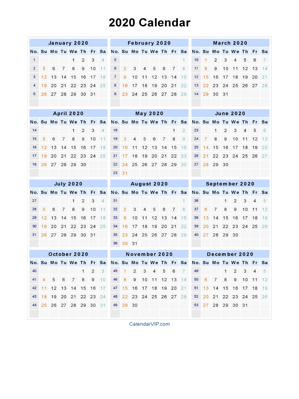 2020 Calendar - Blank Printable Calendar Template In Pdf