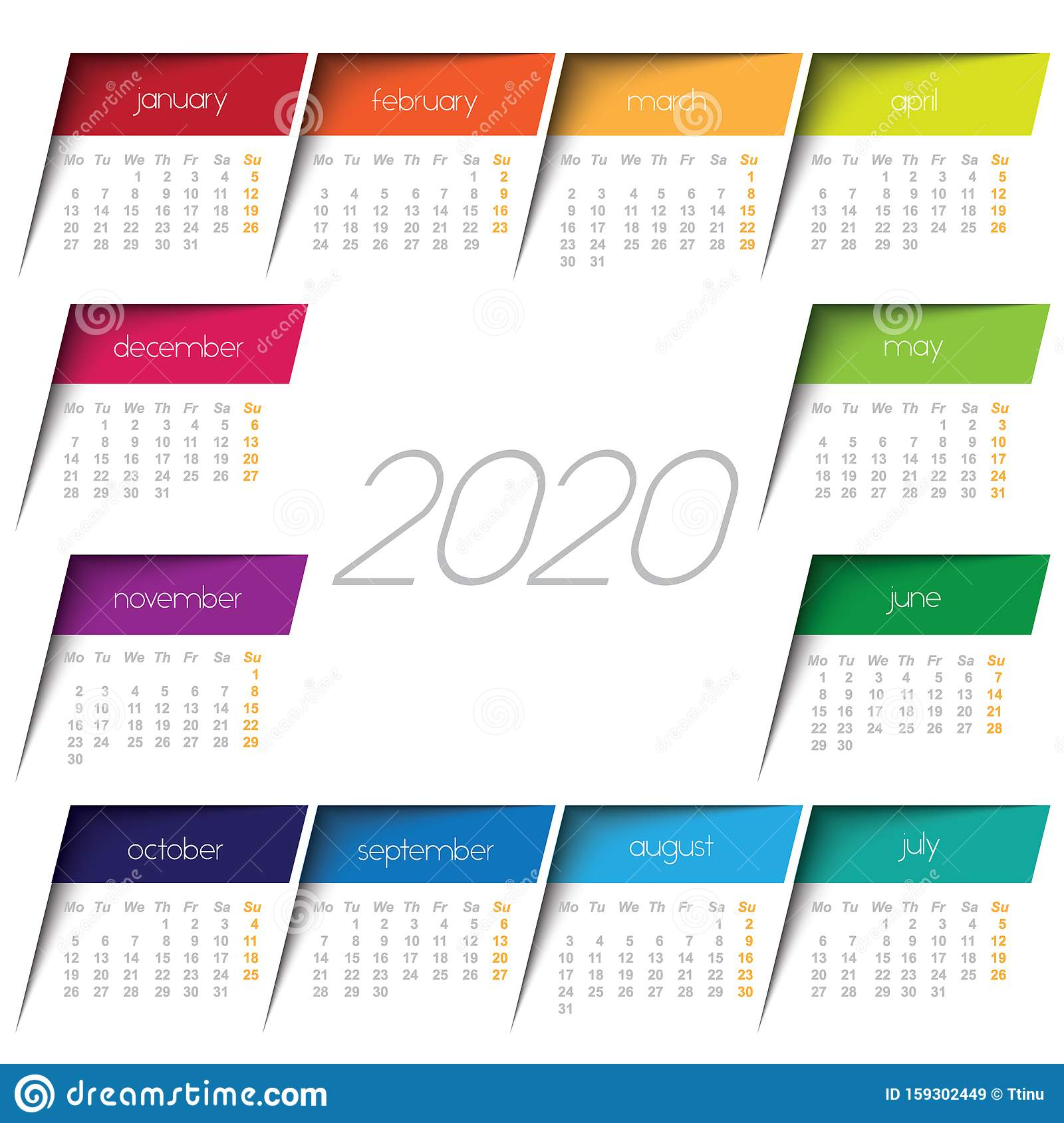 2020 Calendar. Color Post It Stock Vector - Illustration Of