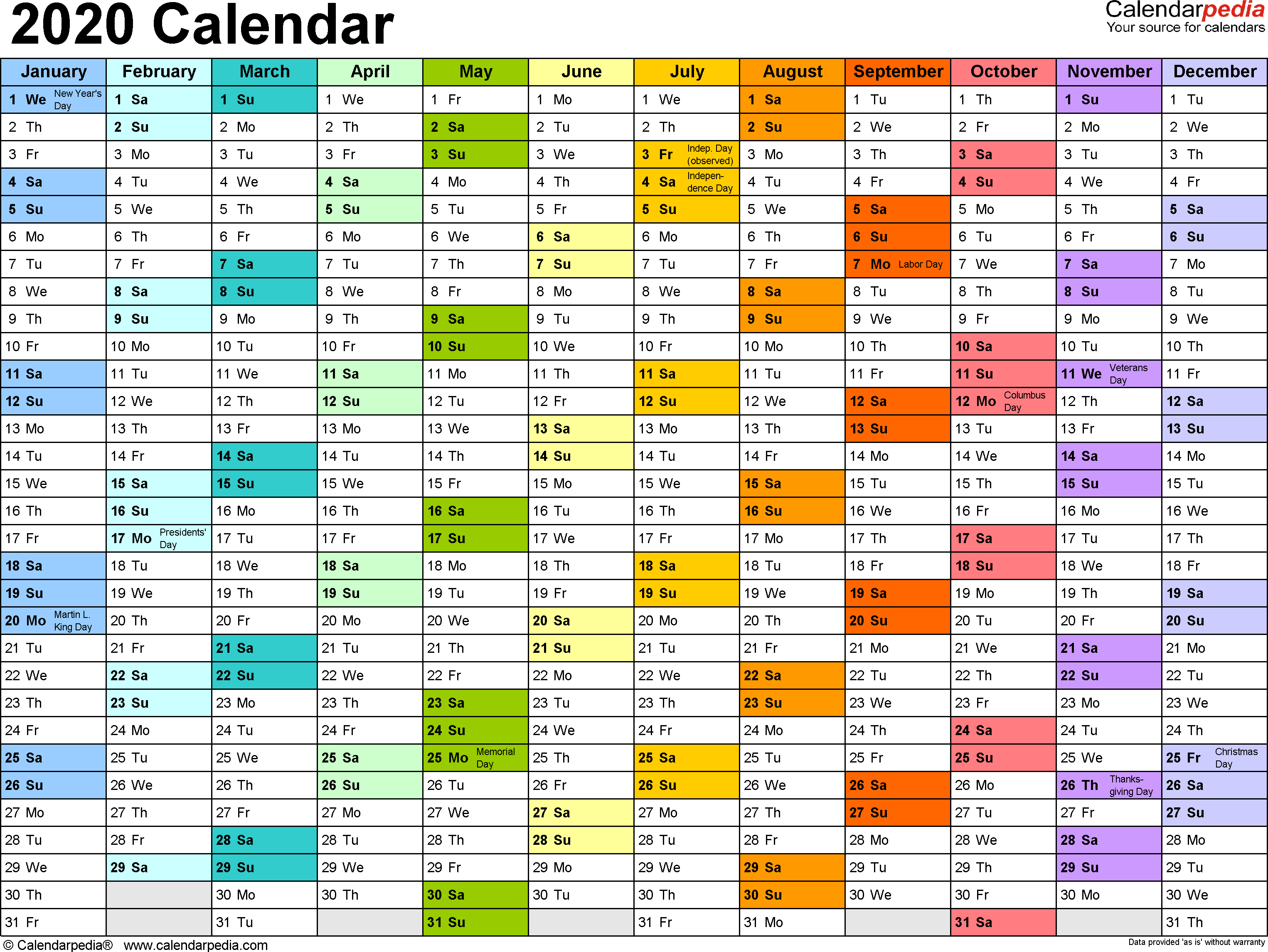 Calendar 2020 In Excel