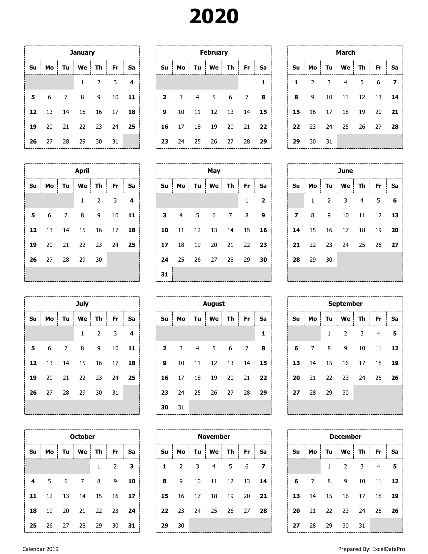 2020 Calendar Excel Templates, Printable Pdfs &amp; Images