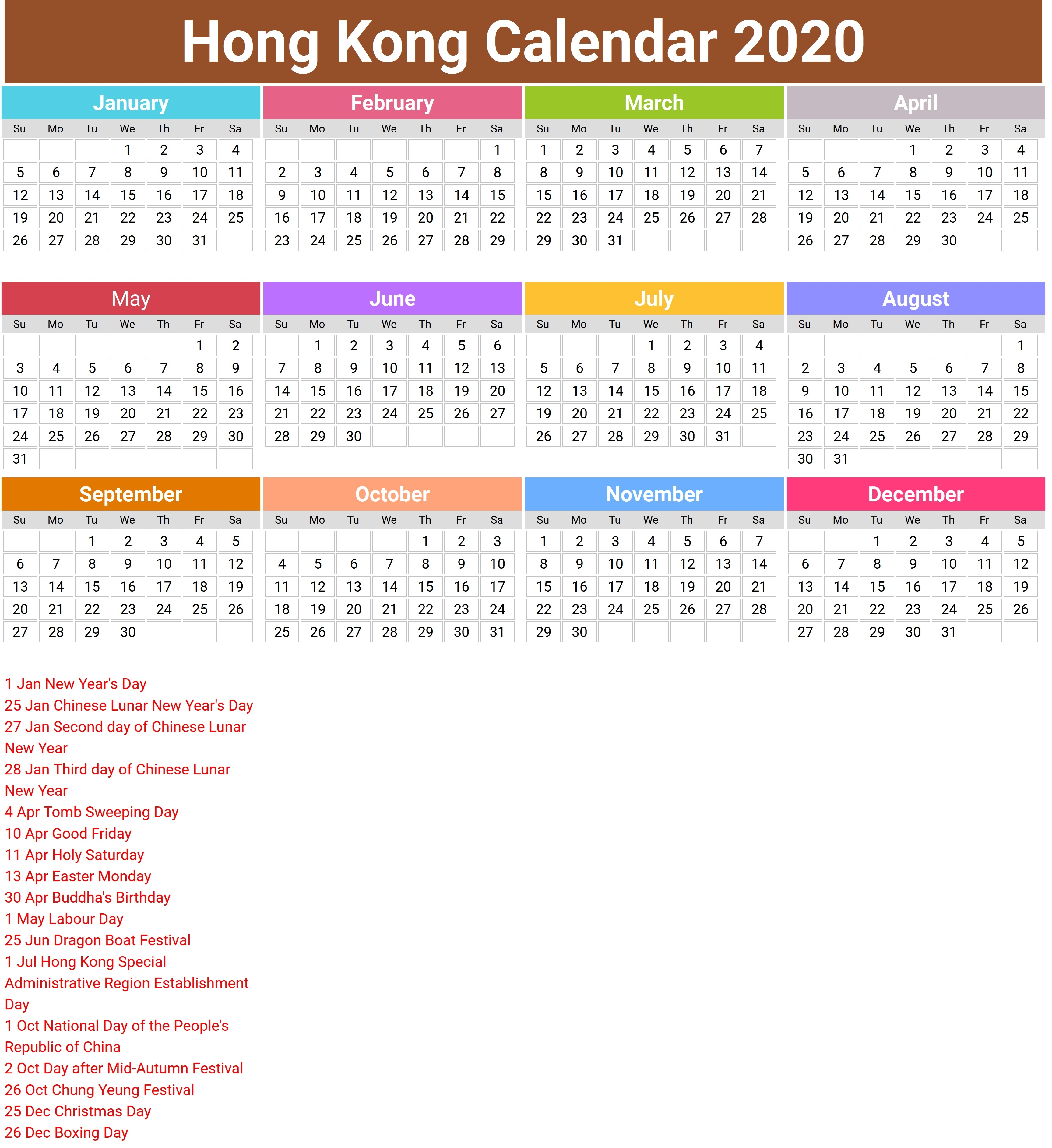 2020 Calendar Hong Kong – Printable Year Calendar Regarding