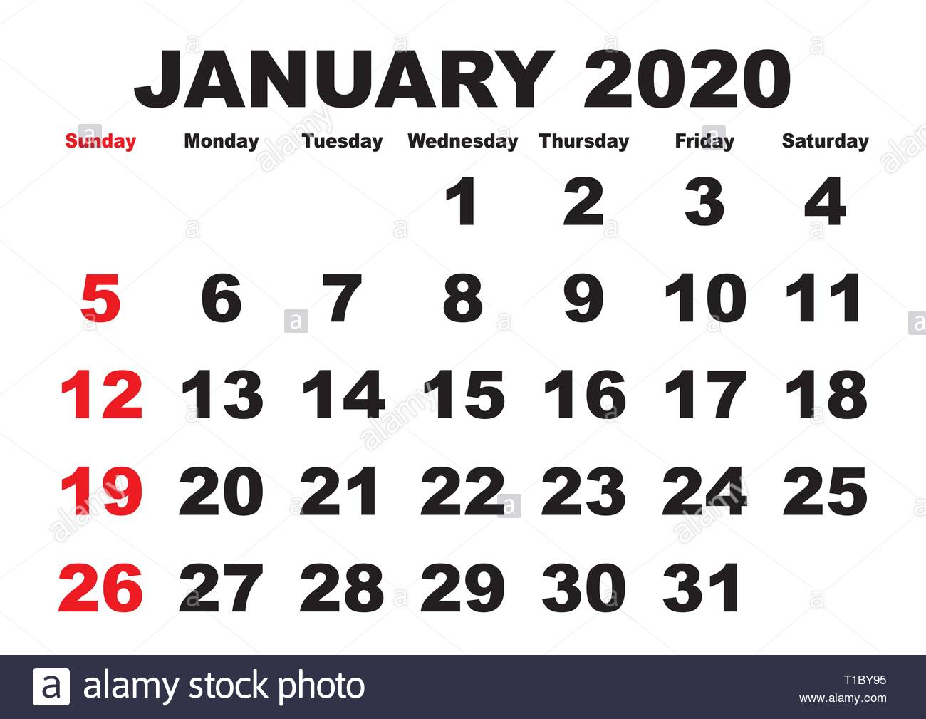 2020 Calendar January Month. Vector Printable Calendar