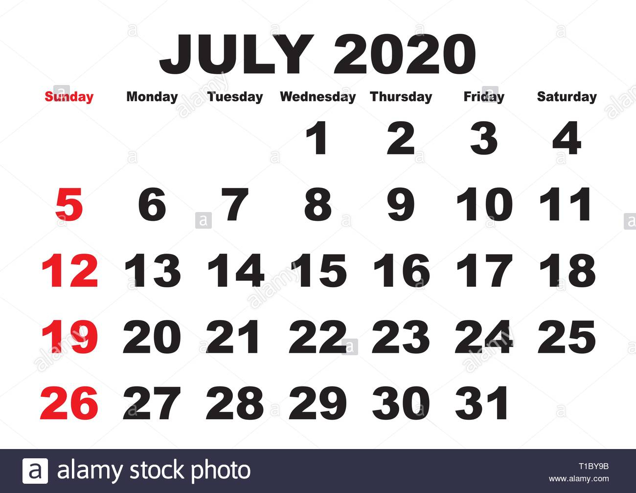 2020 Calendar July Month. Vector Printable Calendar. Monthly