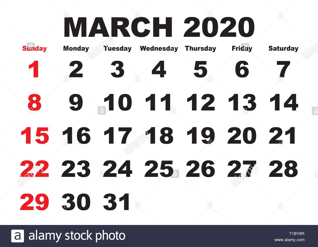 2020 Calendar March Month. Vector Printable Calendar