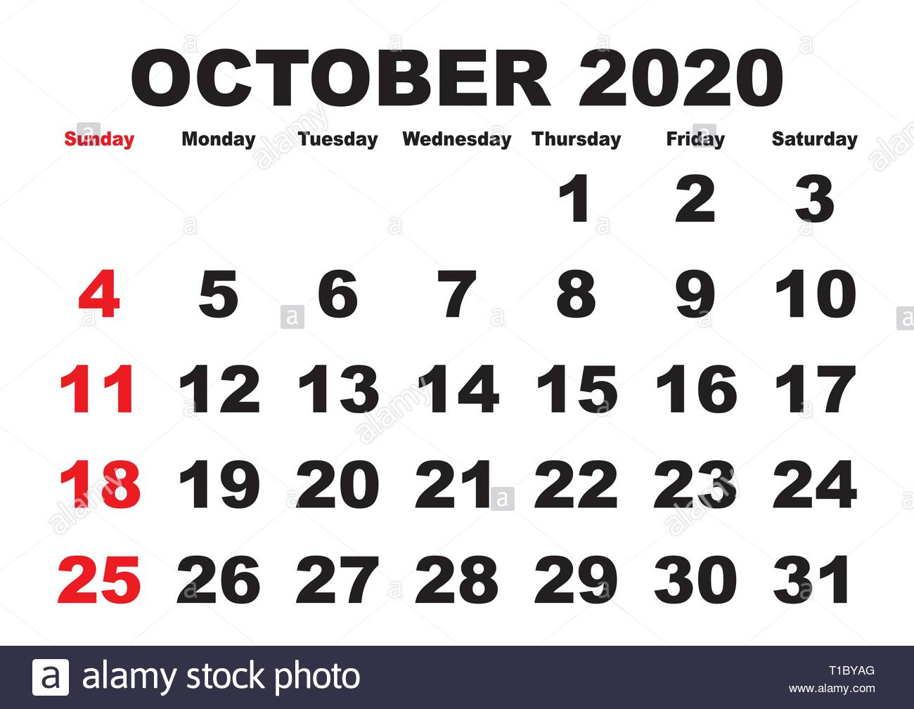 2020 Calendar October Month. Vector Printable Calendar