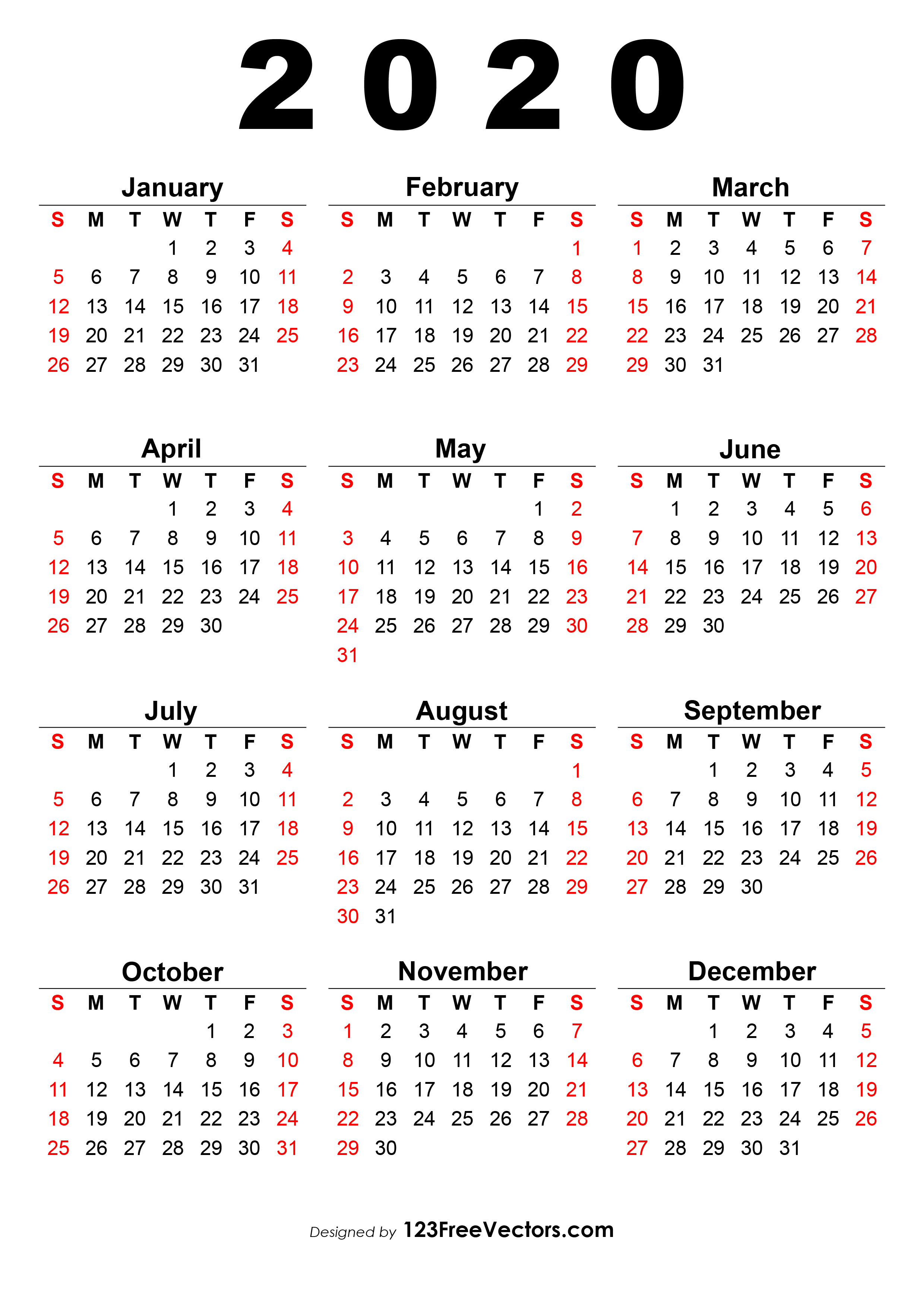2020 Calendar One Page