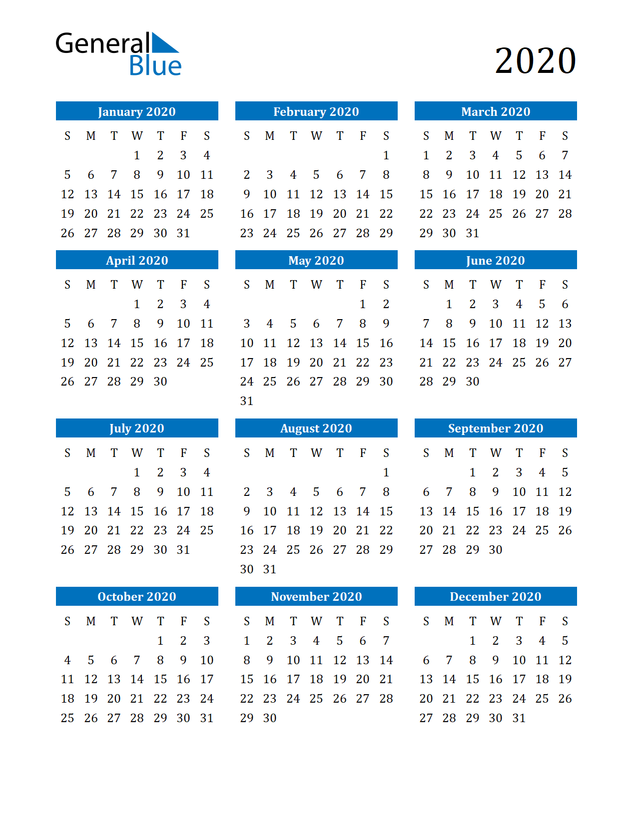 2020 Calendar (Pdf, Word, Excel)