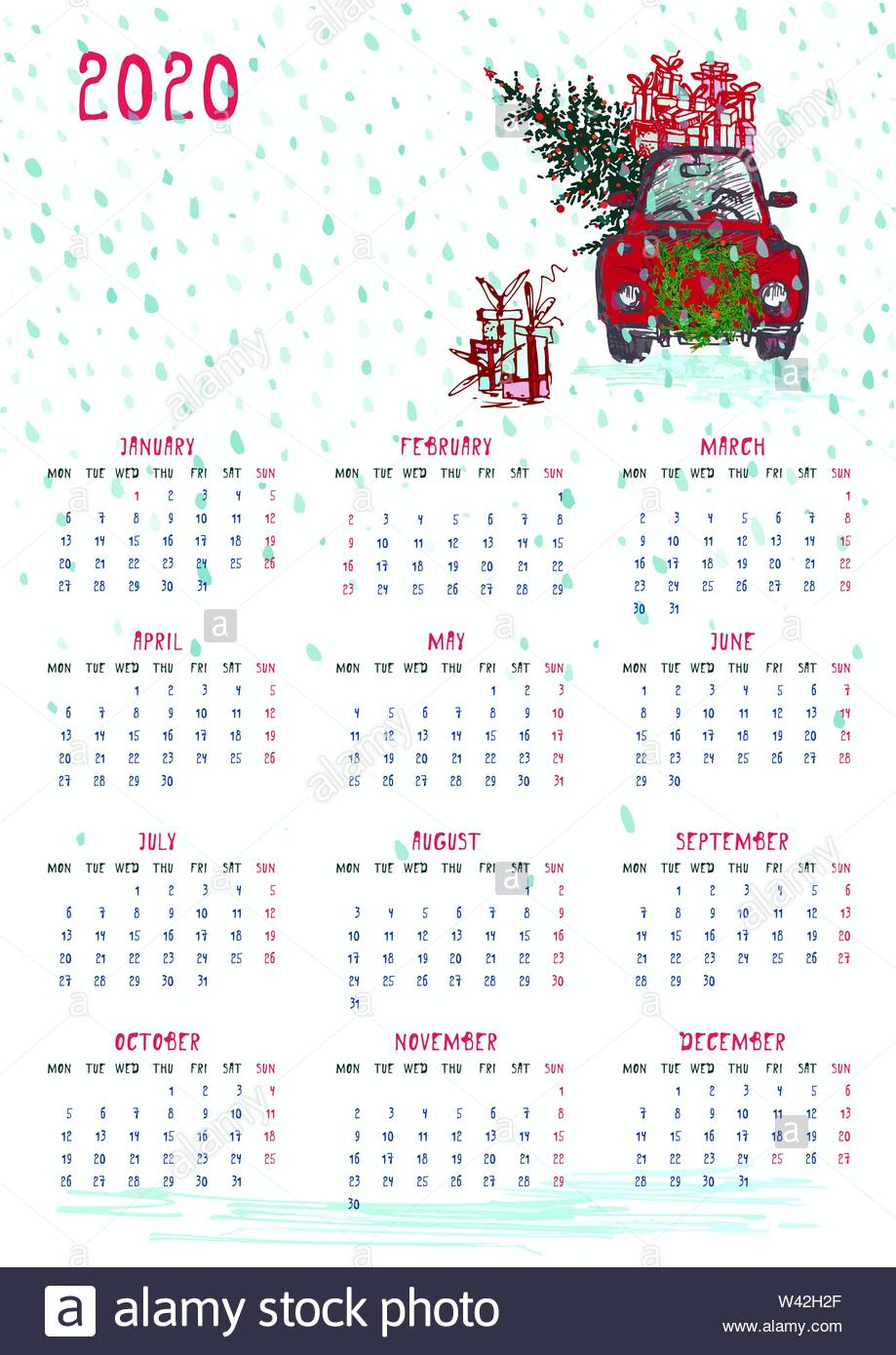 2020 Calendar Planner Whith Red Christmas Car, New Year Tree