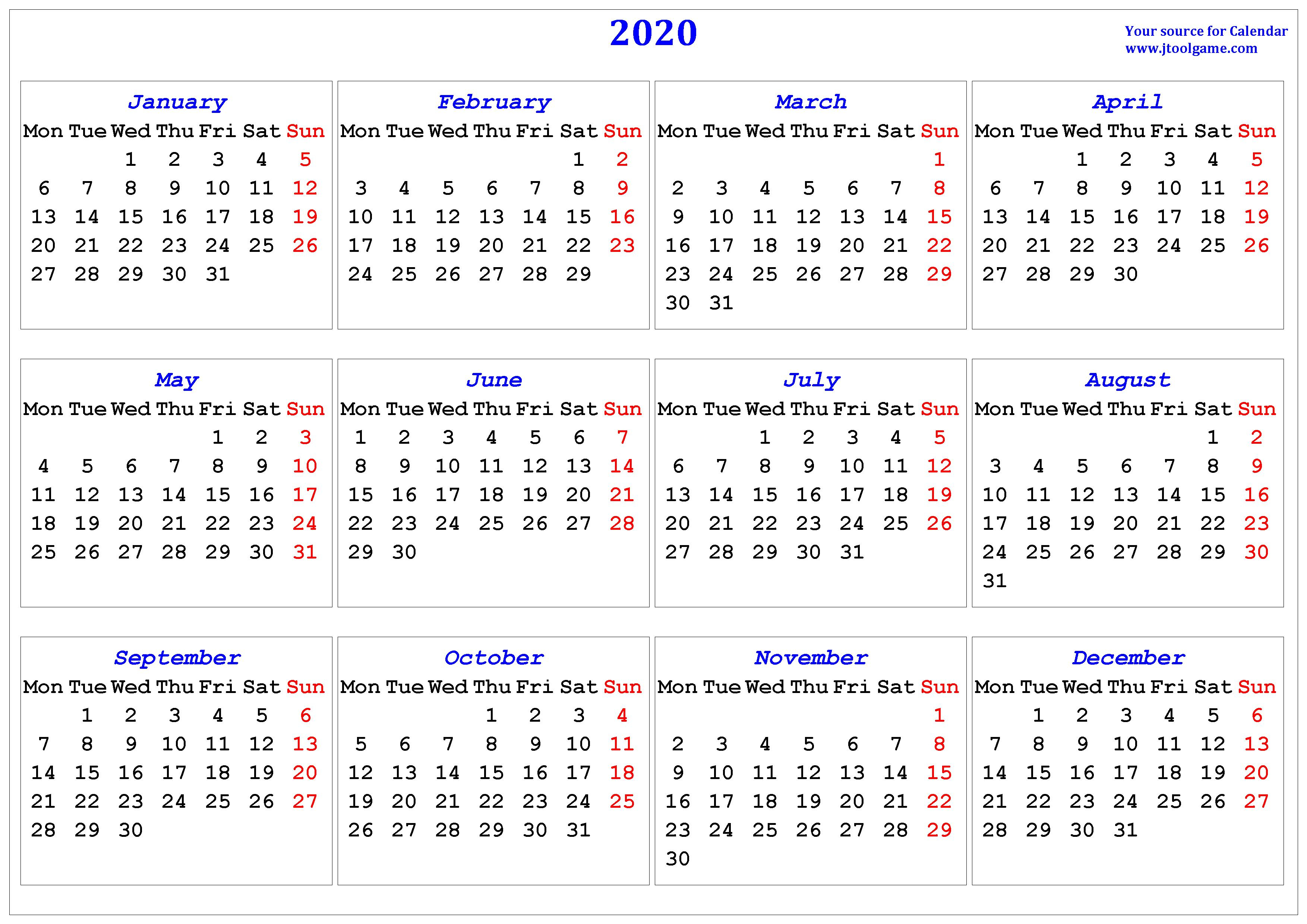 2020 Calendar - Printable Calendar. 2020 Calendar In