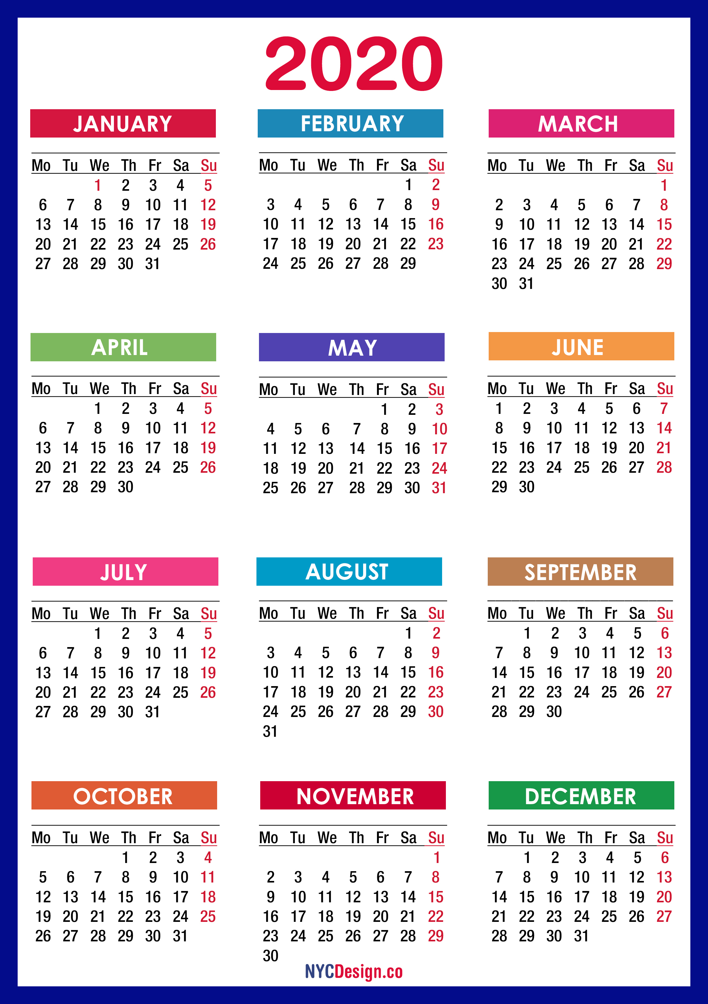 2020 Calendar Printable Free, Pdf, Colorful, Blue, Green