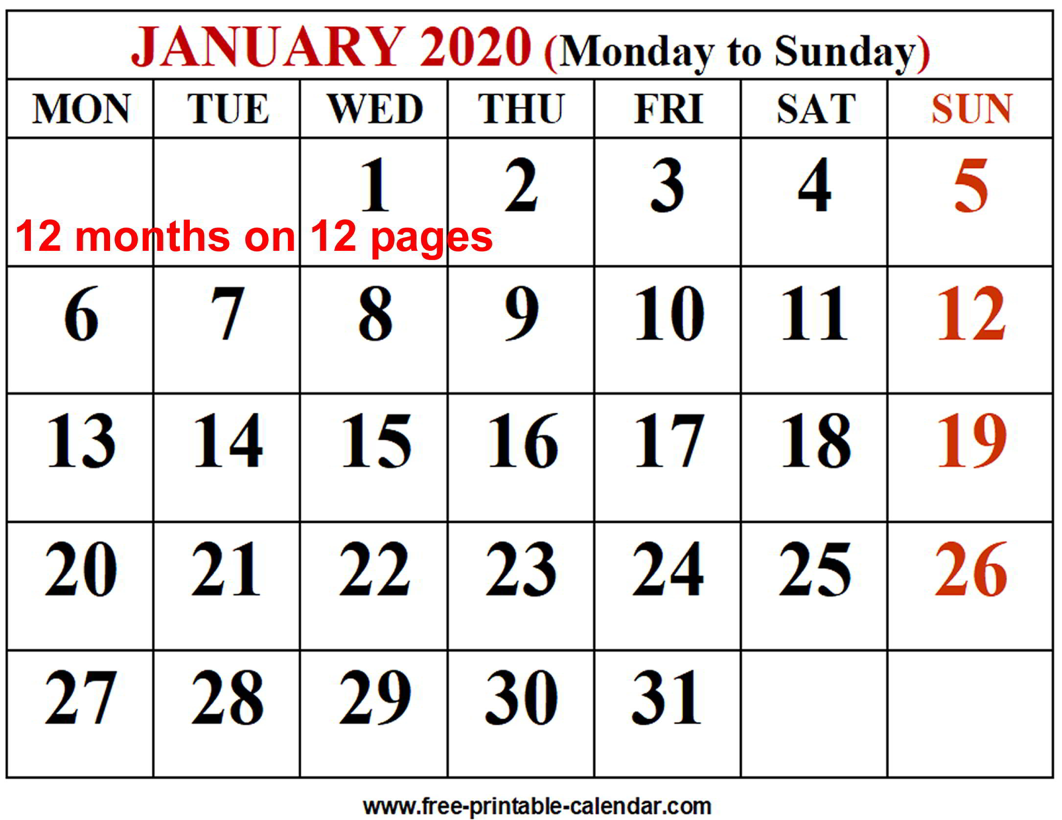 2020 Calendar Printable One Page - Wpart.co