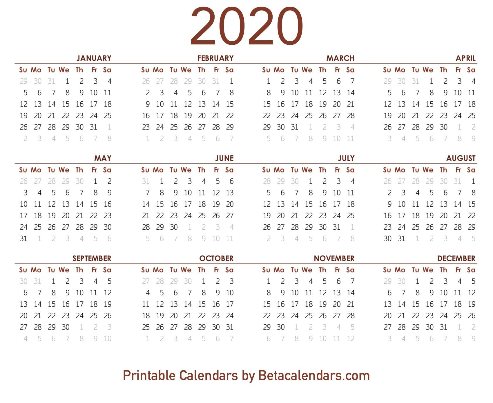 2020 Calendar Printable | Printable Yearly Calendar