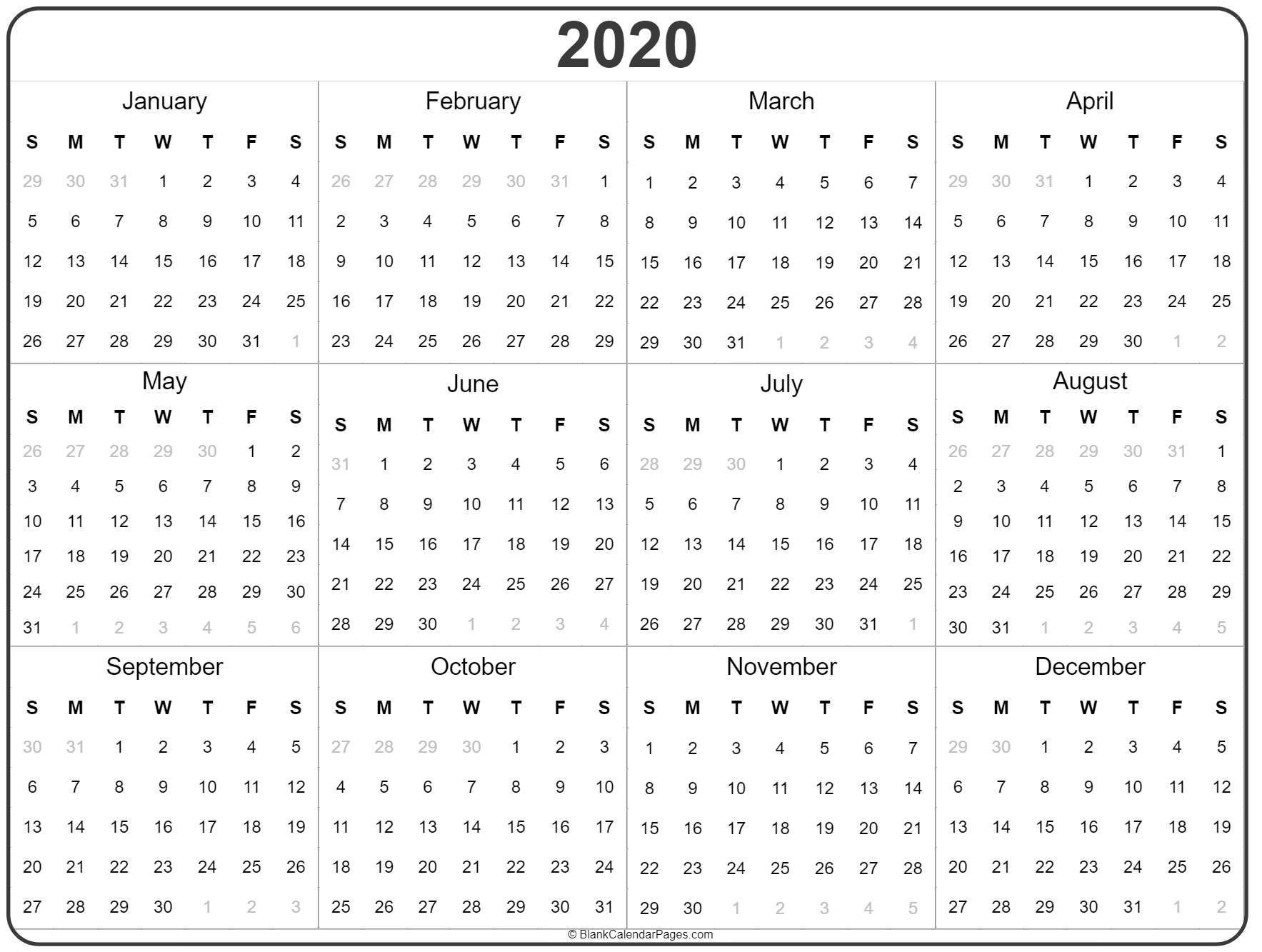 2020 Calendar Printable Yearly - Wpa.wpart.co