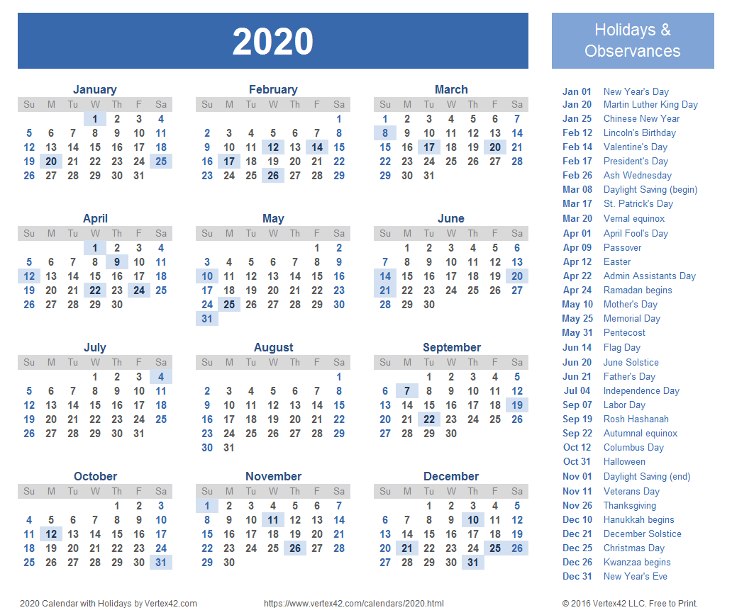 Calendar 2020 Vertex 42