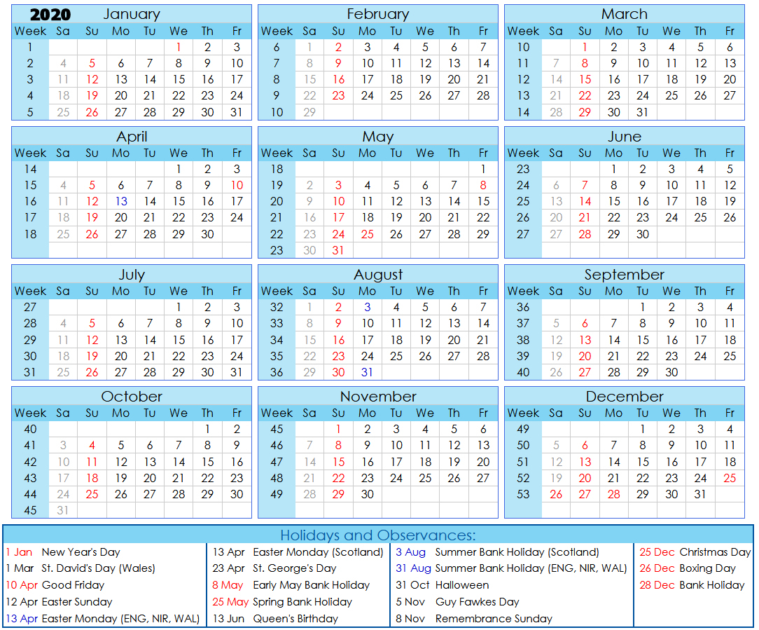 2020 Calendar &amp; Week Nos + Hols 270819 N | No.62 On The Gower