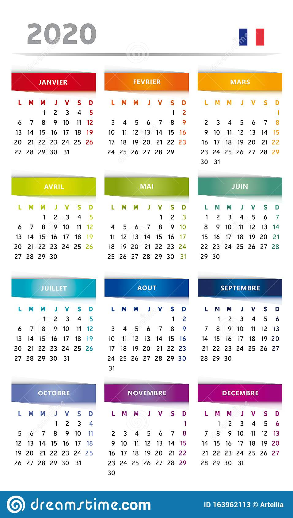 2020 Calendar With Boxes In Rainbow Colors 4 Trimesters - 3