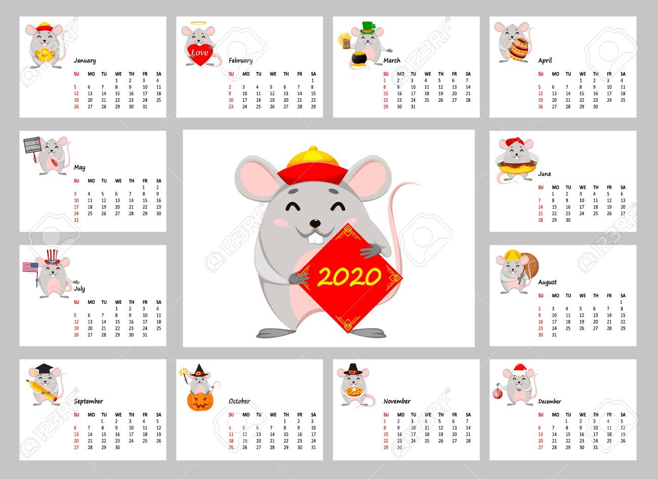 2020 Calendar With Funny Rats. Happy Chinese New Year Of Rat