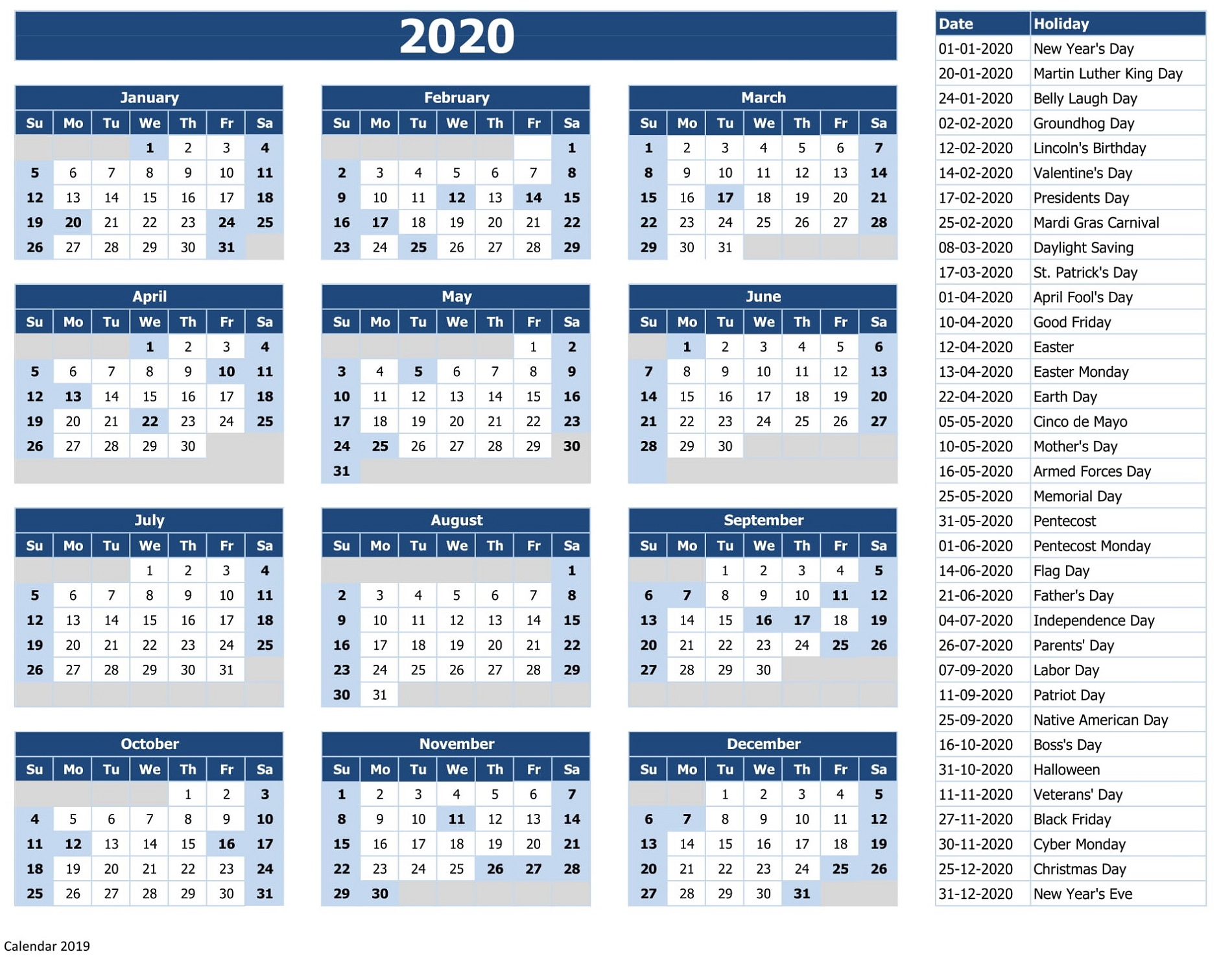 2020 Calendar With Holidays Excel - Wpa.wpart.co