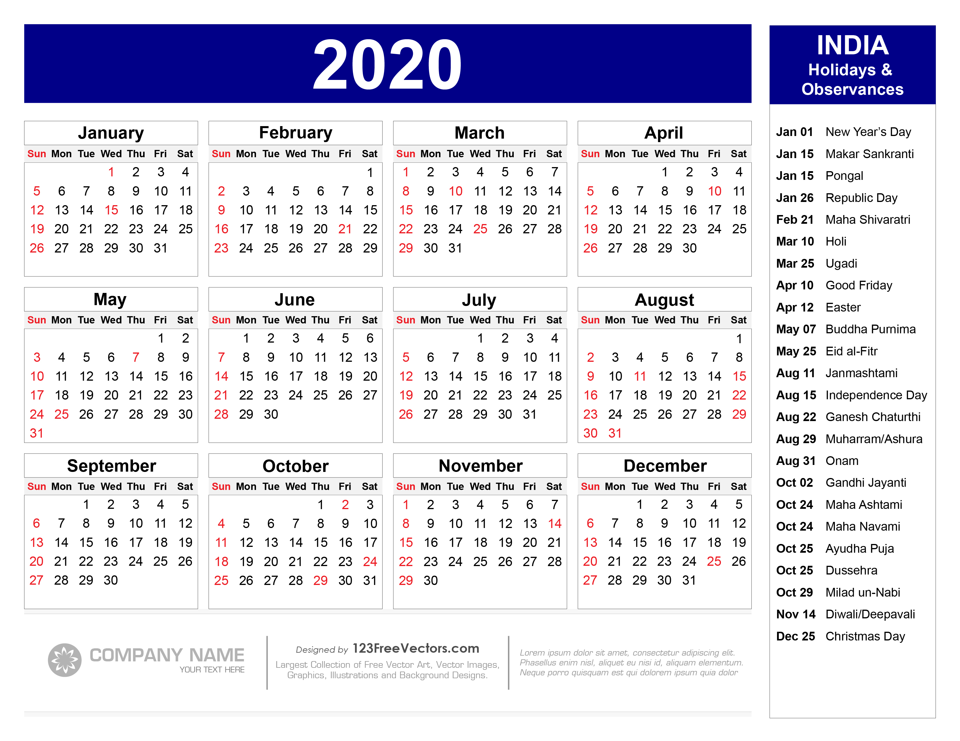 2020 Calendar With Indian Holidays Pdf