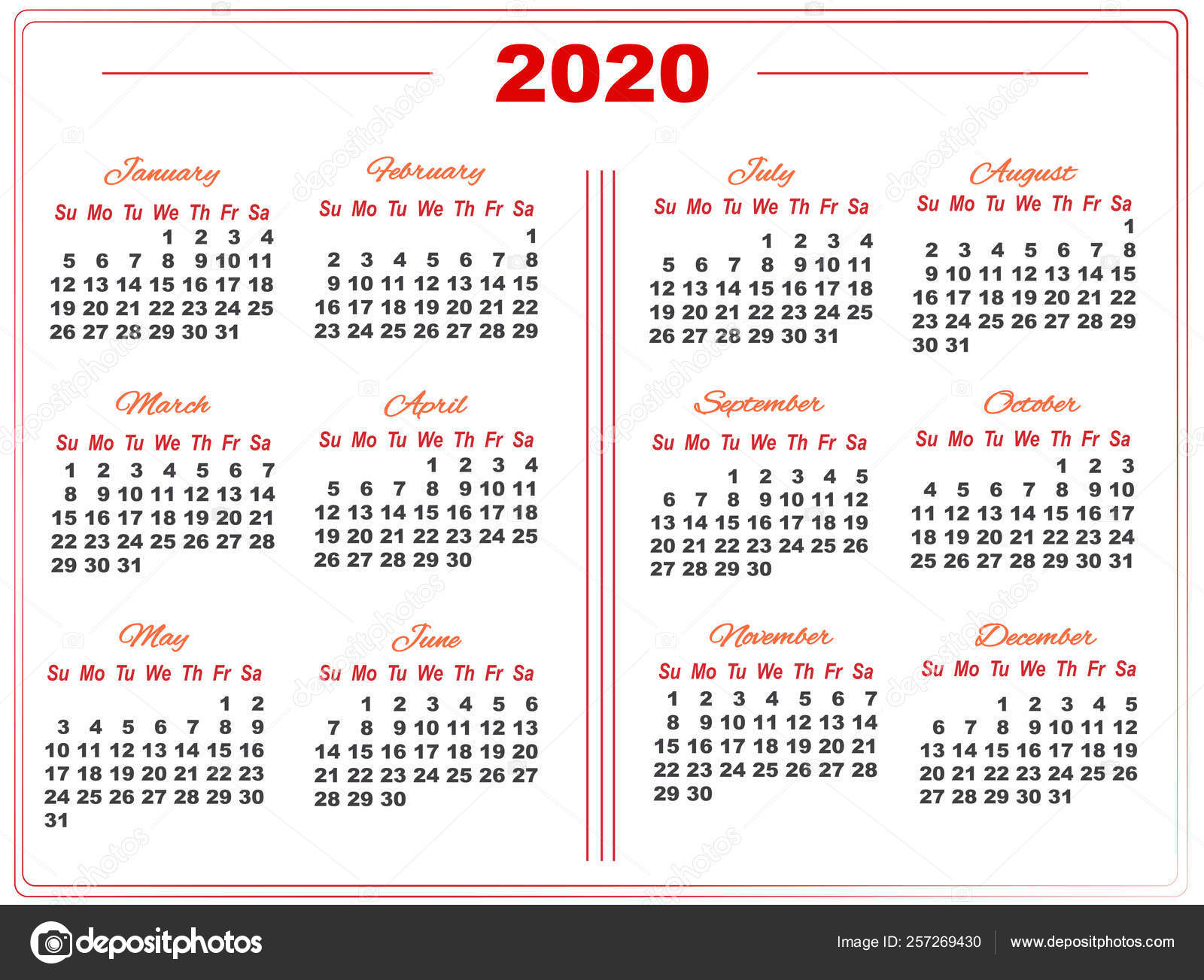 2020 Calendar With Red Numbers In Two Columns With