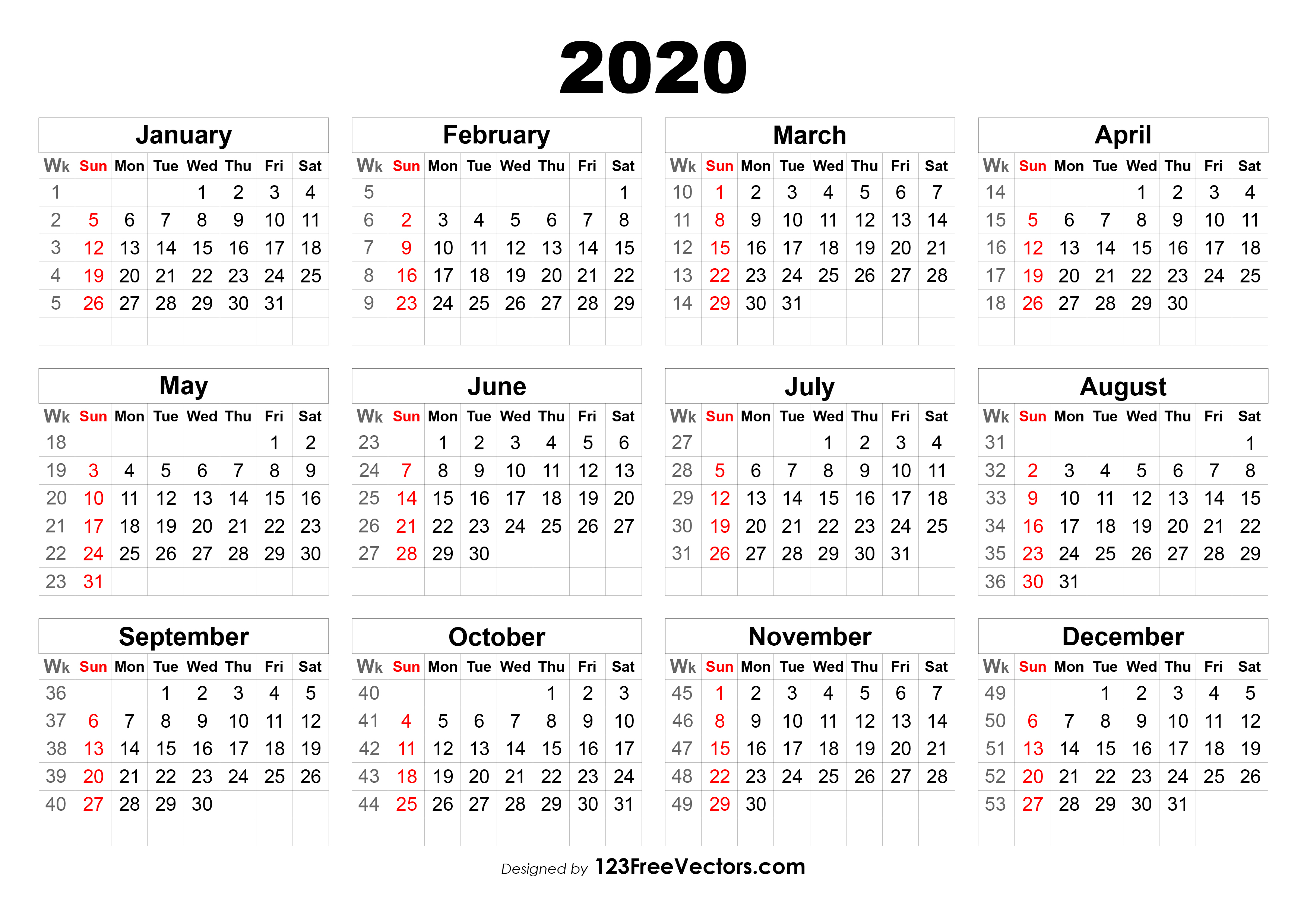 2020 Calendar With Week Numbers