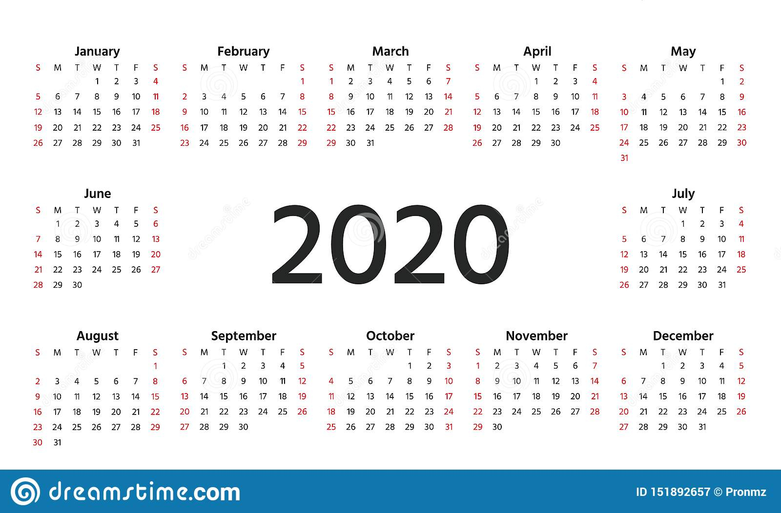 2020 Calendar Year. Vector Illustration. Template Planner