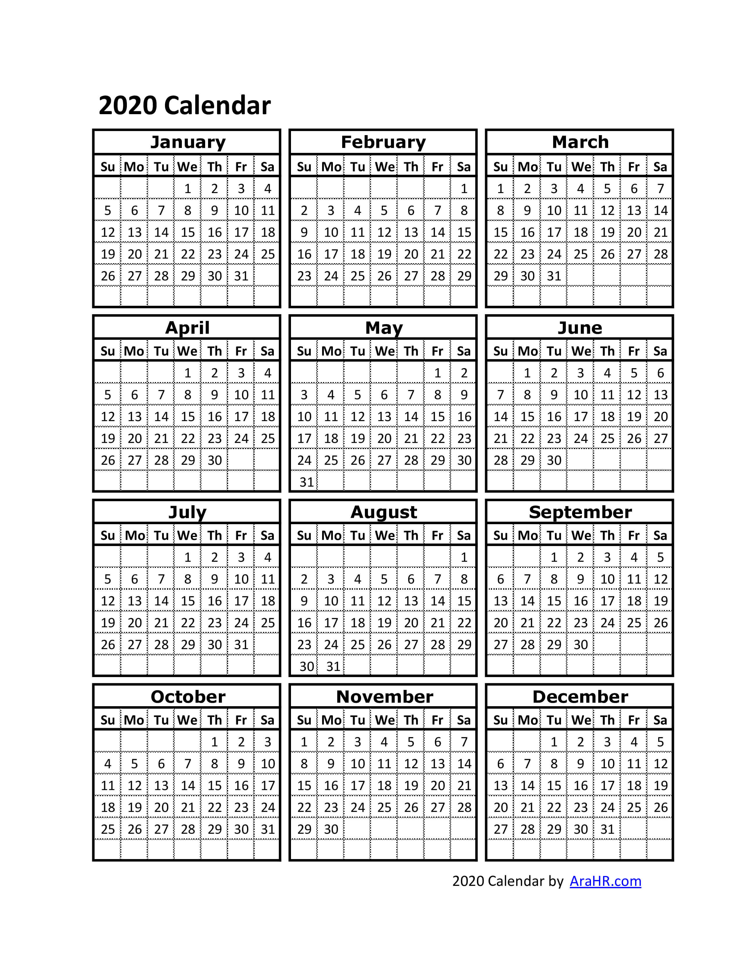 Print Calendar Of 2020 | Calendar Printables Free Templates