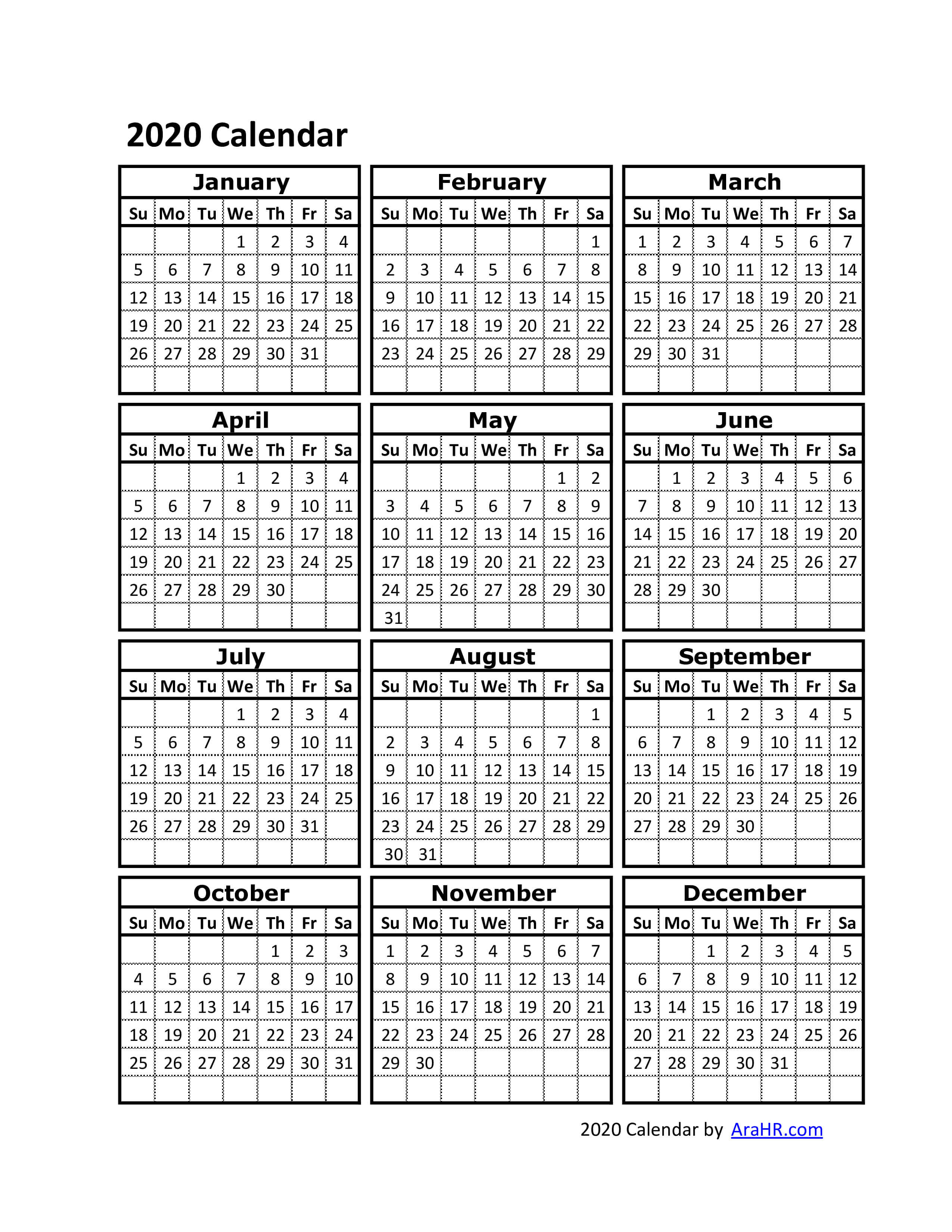 2020 Calendar - Yearly - Monthly - Free - Printable