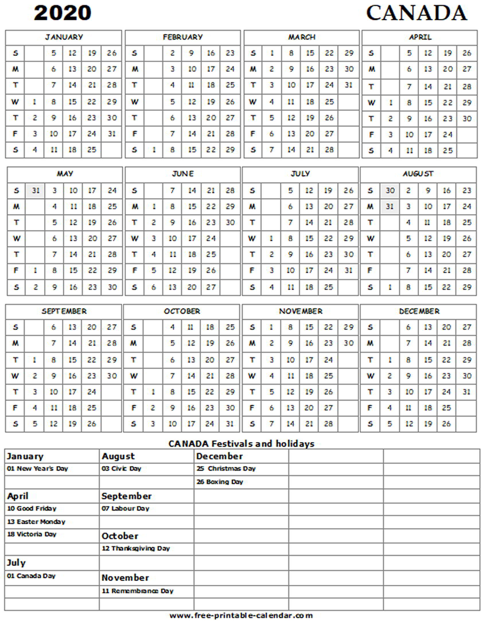 Calendar Of 2020 Canada