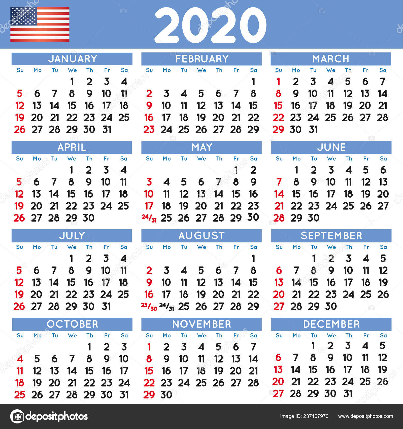 2020 Elegant Squared Calendar English Usa Year 2020 Calendar