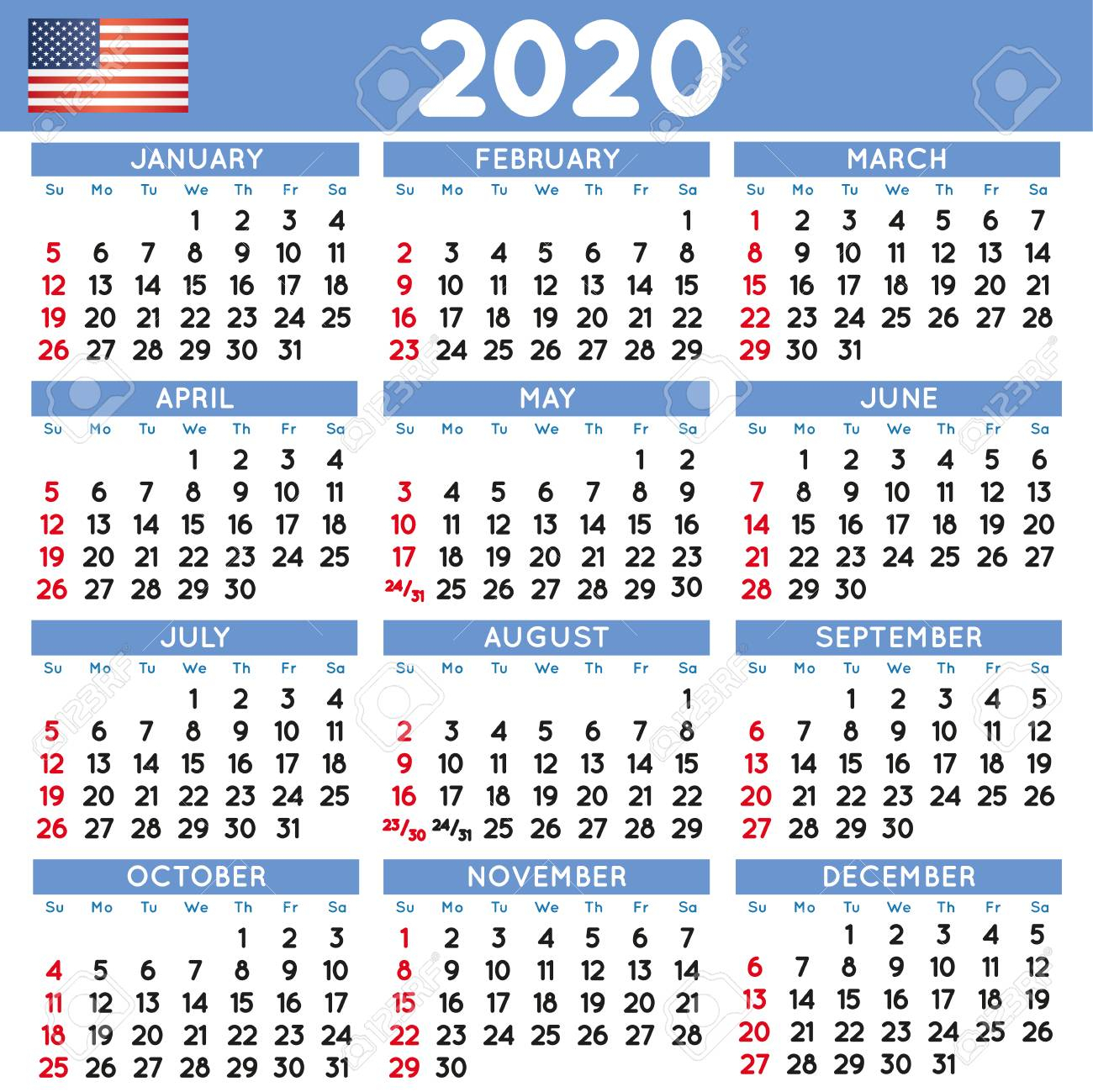 2020 Elegant Squared Calendar English Usa. Year 2020 Calendar