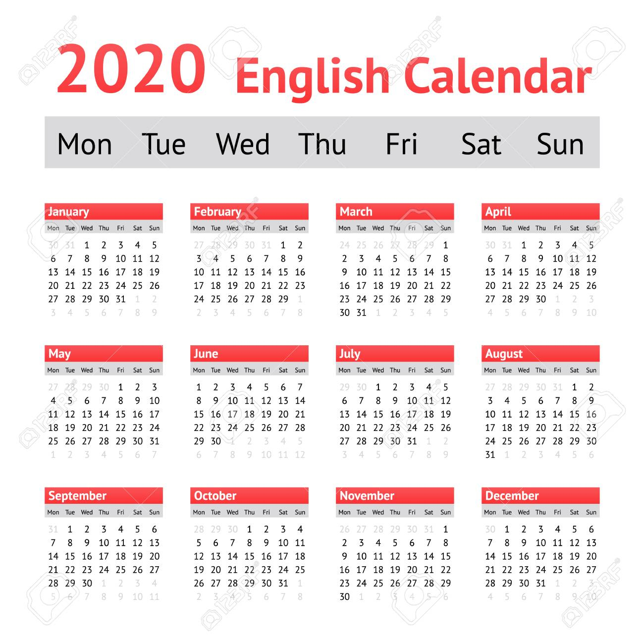 2020 European English Calendar. Week Starts On Monday