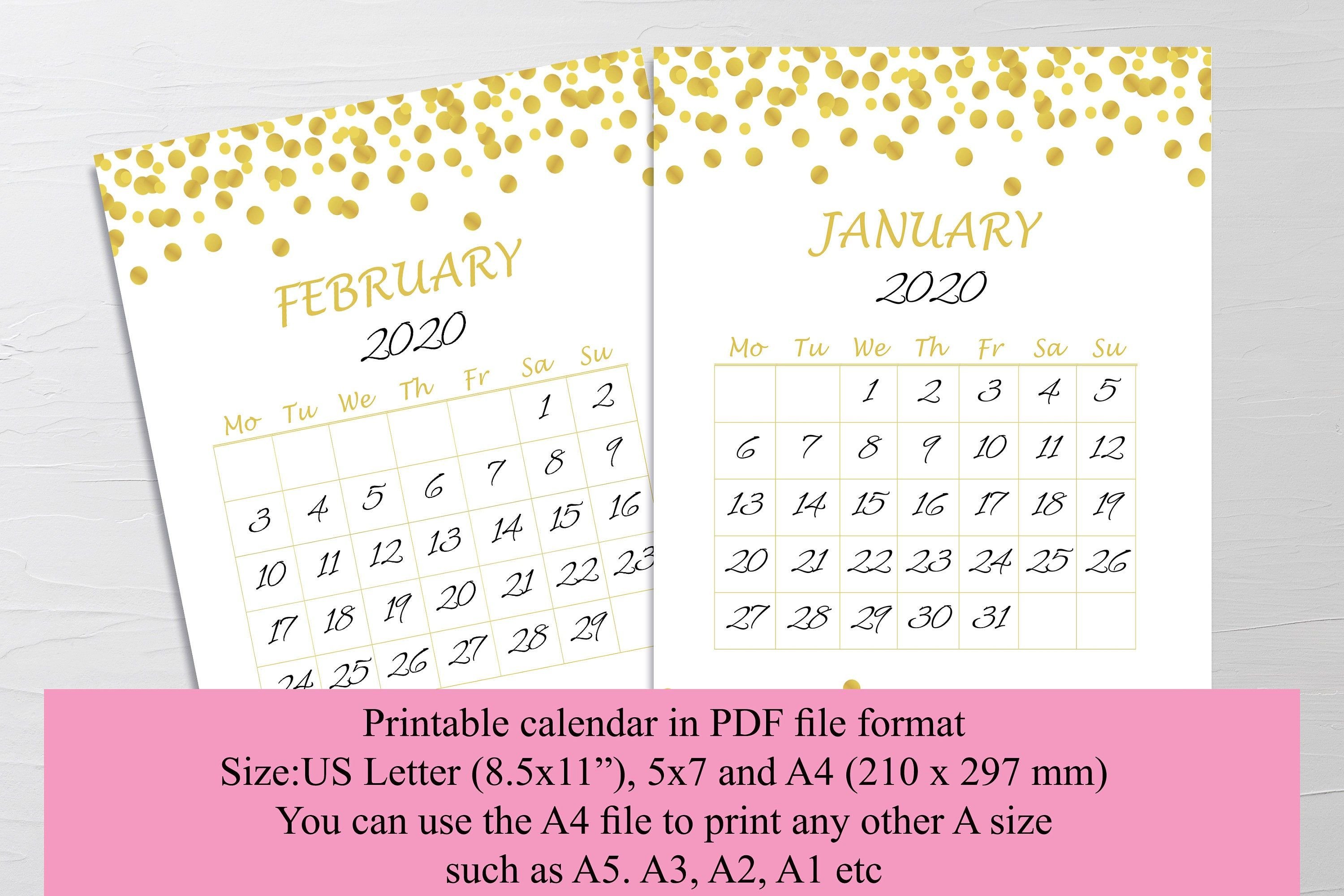 2020 Gold Calendar Printable Calendar Wall Calendar Calendar