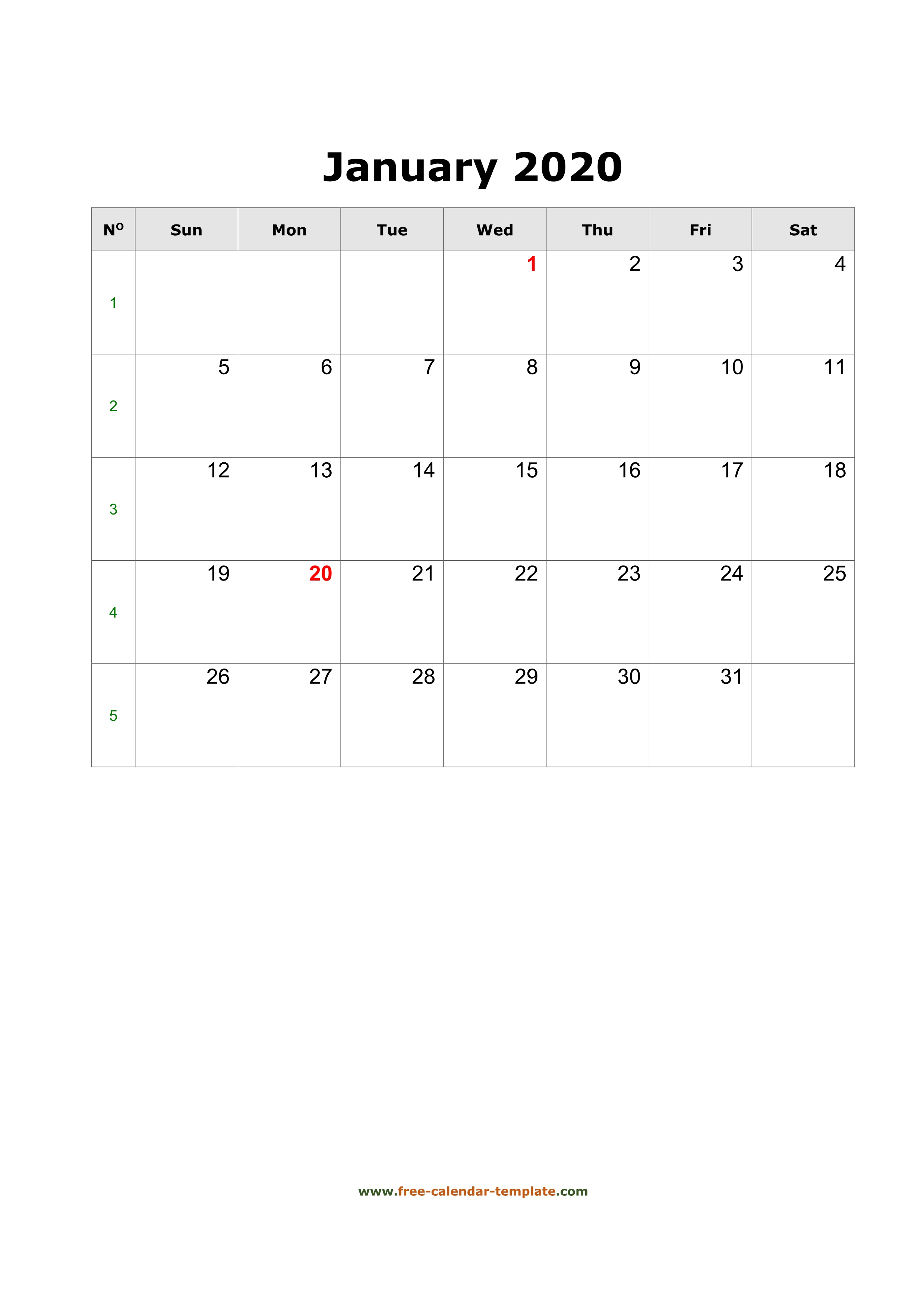 2020 January Calendar (Blank Vertical Template) | Free