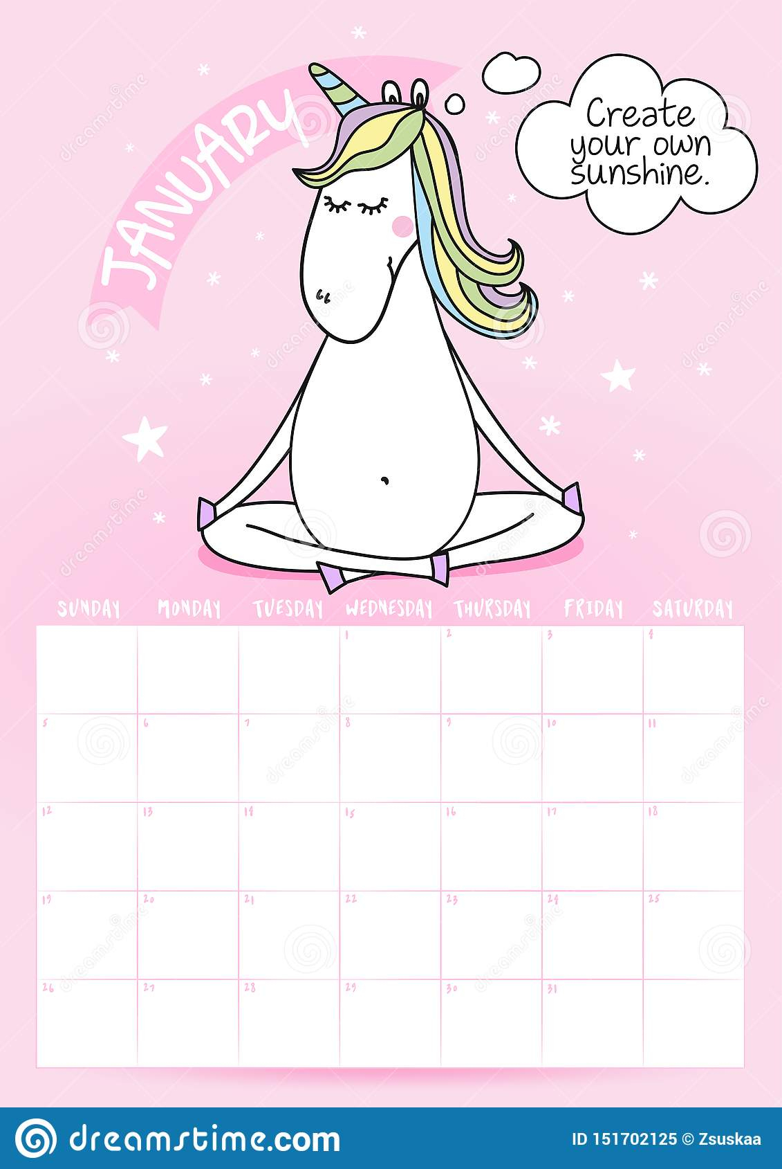 2020 January Calendar With Calligraphy Phrase And Unicorn