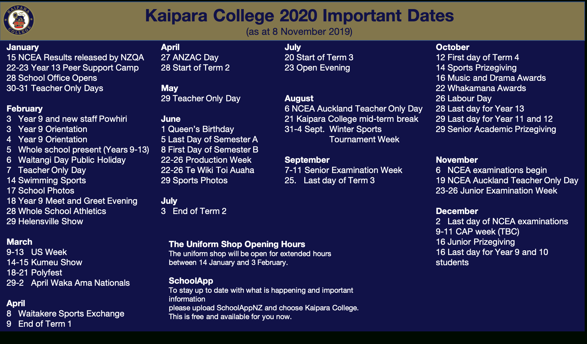 2020 Kaipara College Calendar • News &amp; Events • Kaipara College