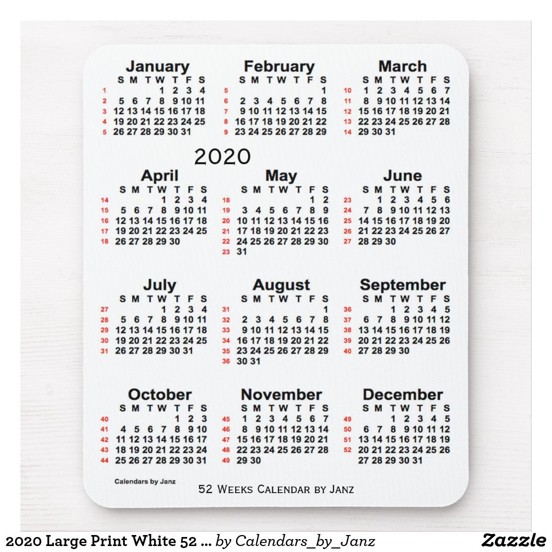 2020 Large Print White 52 Week Calendarjanz Mouse Pad