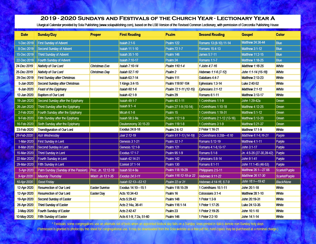 2020 Liturgical Calendar (Year A) K-2020 | Sola Publishing